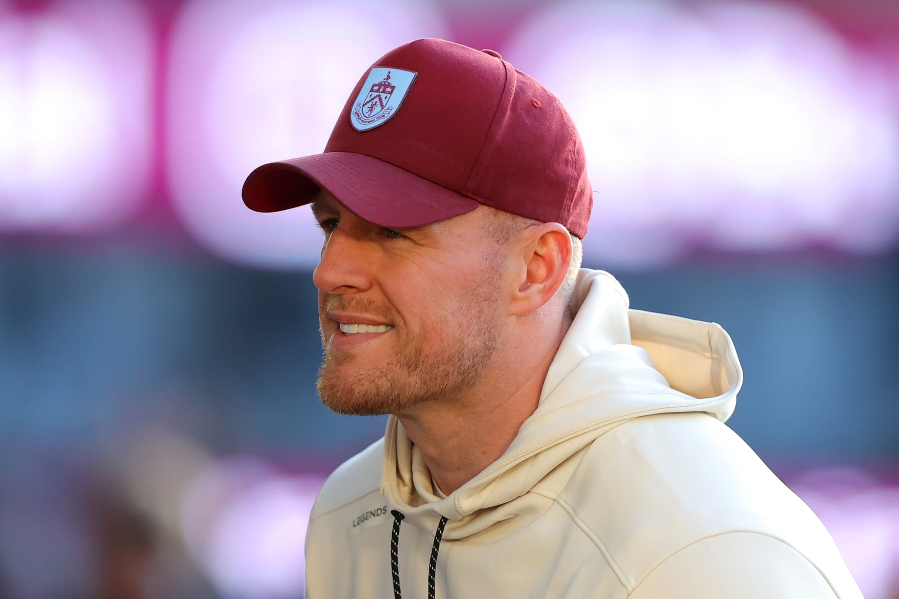 BURNLEY, ENGLAND - NOVEMBER 25: J.J. Watt, Minority Owner of Burnley, looks on prior to the Premier League match between Burnley FC and West Ham United at Turf Moor on November 25, 2023 in Burnley, England. (Photo by James Gill/Getty Images)