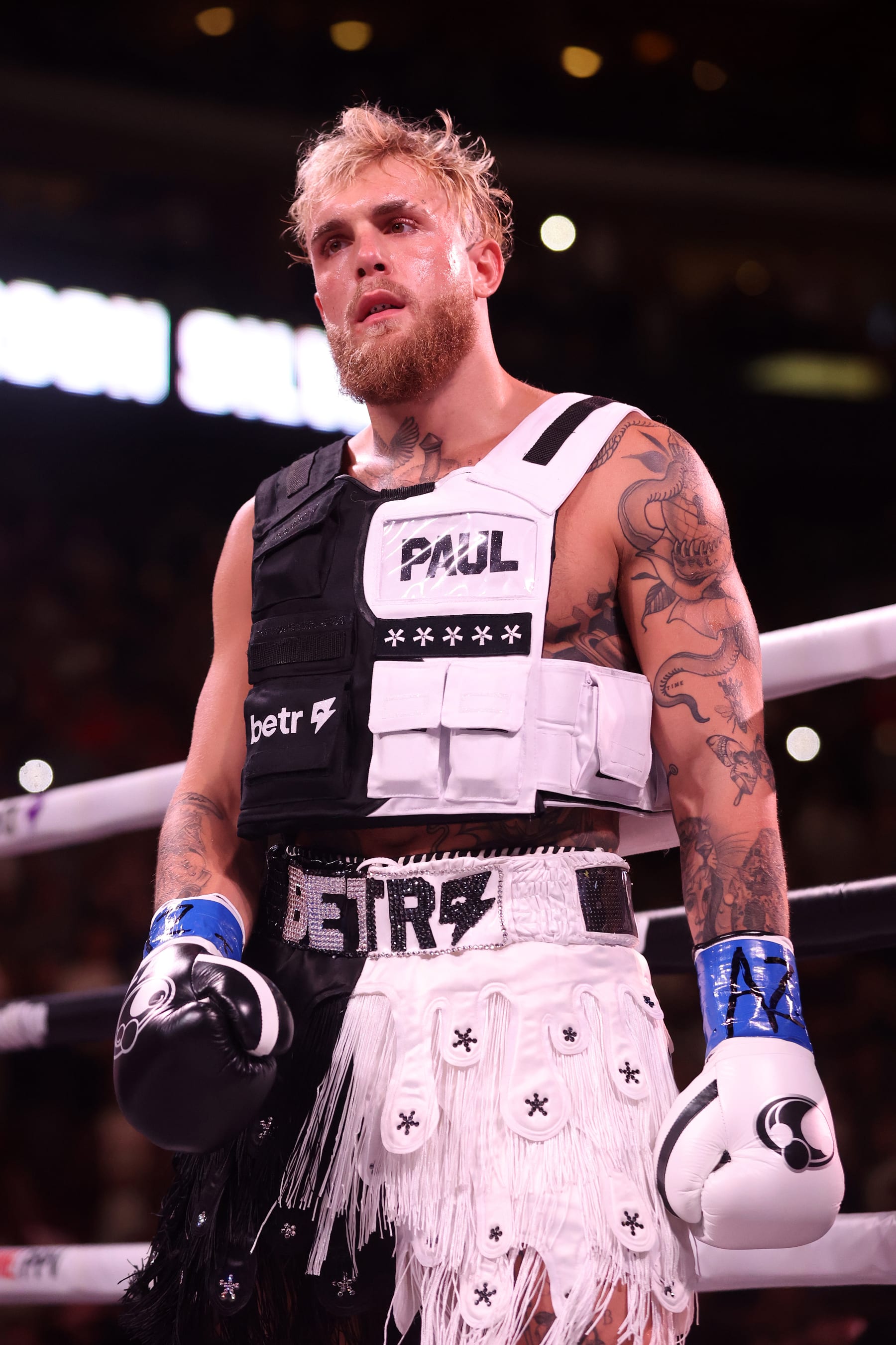 GLENDALE, ARIZONA - OCTOBER 29: Jake Paul takes the ring for his cruiserweight bout against Anderson Silva of Brazil at Desert Diamond Arena on October 29, 2022 in Glendale, Arizona. (Photo by Christian Petersen/Getty Images)