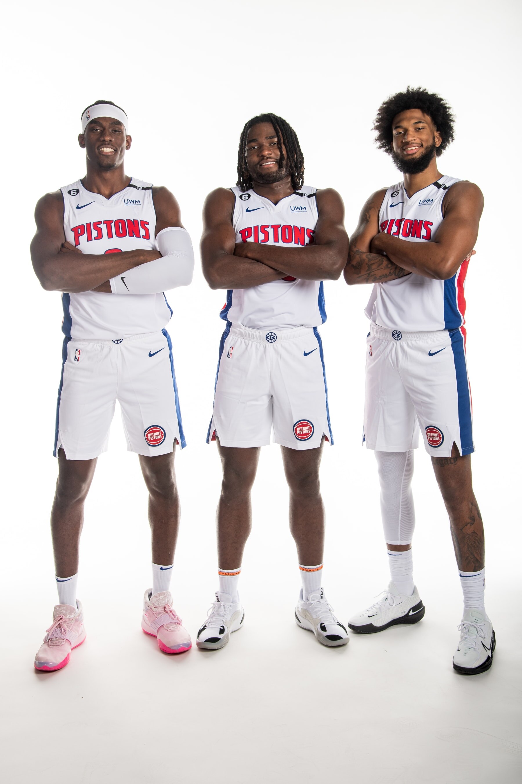 DETROIT, MICHIGAN - SEPTEMBER 26: Jalen Duren #0 of the Detroit Pistons, Isaiah Stewart #28 of the Detroit Pistons, and Marvin Bagley III #35 of the Detroit Pistons pose for a portrait during the Detroit Pistons Media Day at Little Caesars Arena on September 26, 2022 in Detroit, Michigan. NOTE TO USER: User expressly acknowledges and agrees that, by downloading and or using this photograph, User is consenting to the terms and conditions of the Getty Images License Agreement. Mandatory Copyright Notice: Copyright 2022 NBAE (Photo by Chris Schwegler/NBAE via Getty Images)