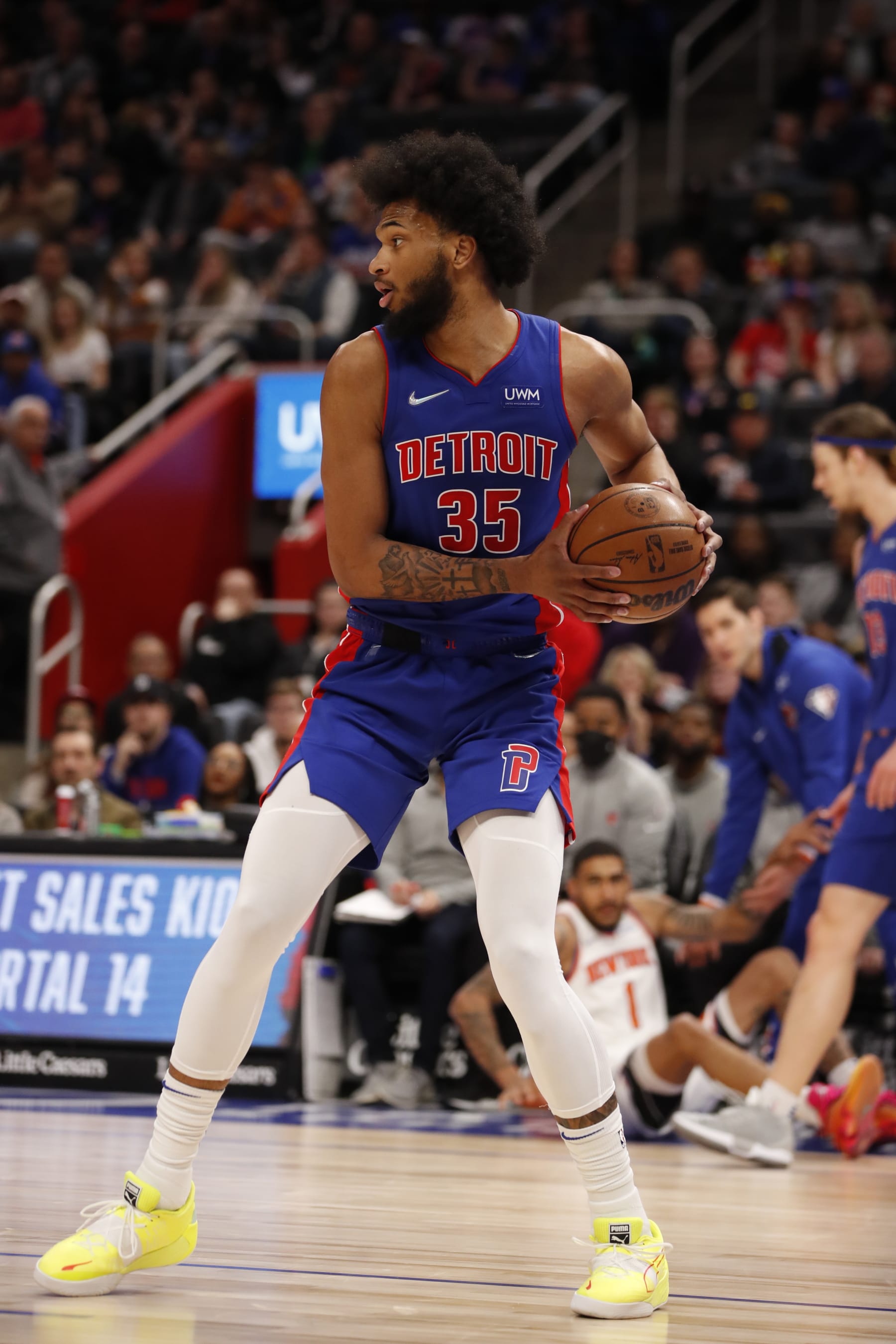 DETROIT, MI - MARCH 27: Marvin Bagley III #35 of the Detroit Pistons dribbles the ball during the game New York Knicks on March 27, 2022 at Little Caesars Arena in Detroit, Michigan. NOTE TO USER: User expressly acknowledges and agrees that, by downloading and or using this photograph, user is consenting to the terms and conditions of Getty Images License Agreement. Mandatory Copyright Notice: Copyright 2022 NBAE (Photo by Brian Sevald/NBAE via Getty Images)