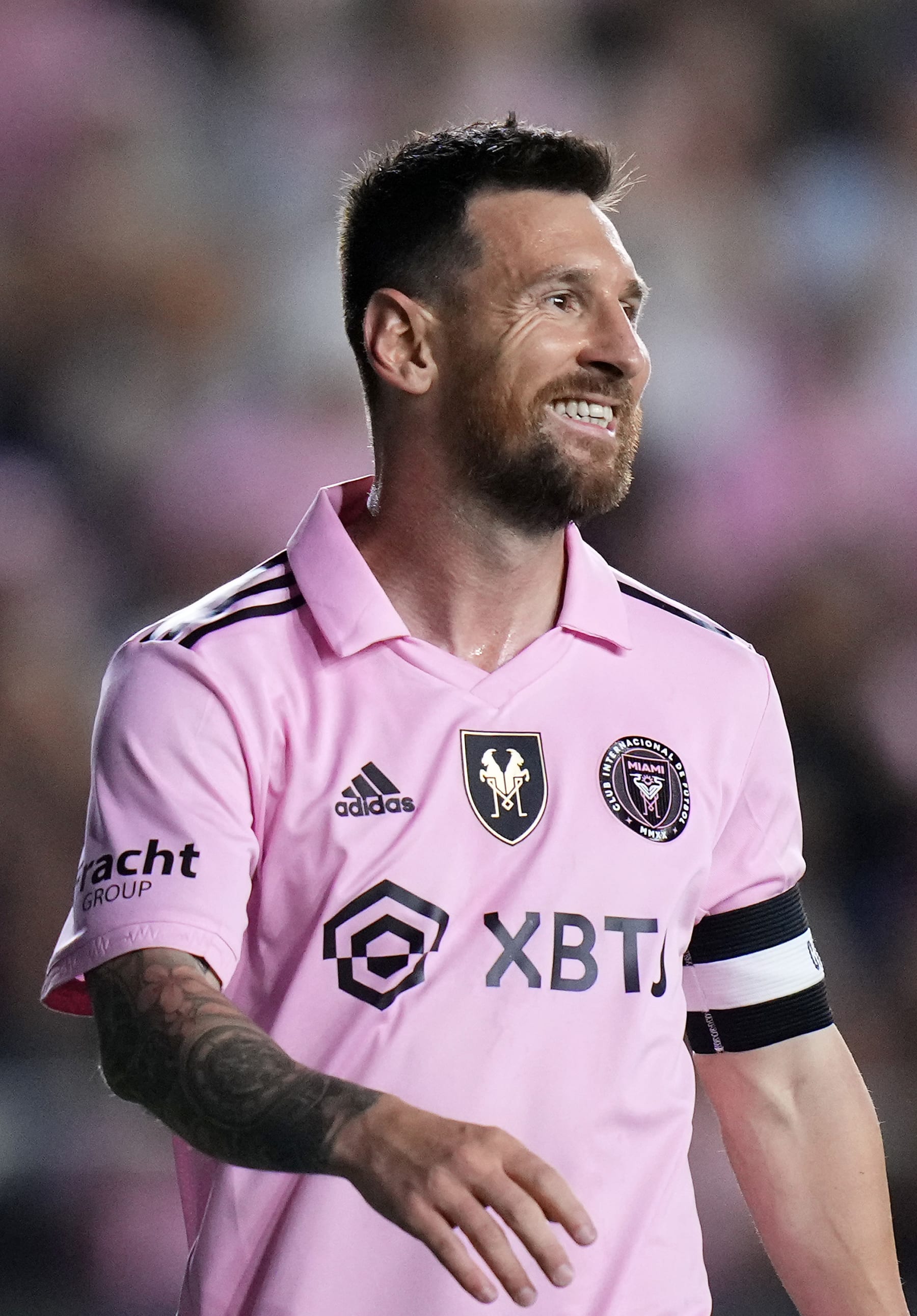 FORT LAUDERDALE, FLORIDA - NOVEMBER 10: Lionel Messi #10 of Inter Miami CF reacts against the New York City FC during the first half in the Noche d'Or friendly match at DRV PNK Stadium on November 10, 2023 in Fort Lauderdale, Florida. (Photo by Rich Storry/Getty Images)