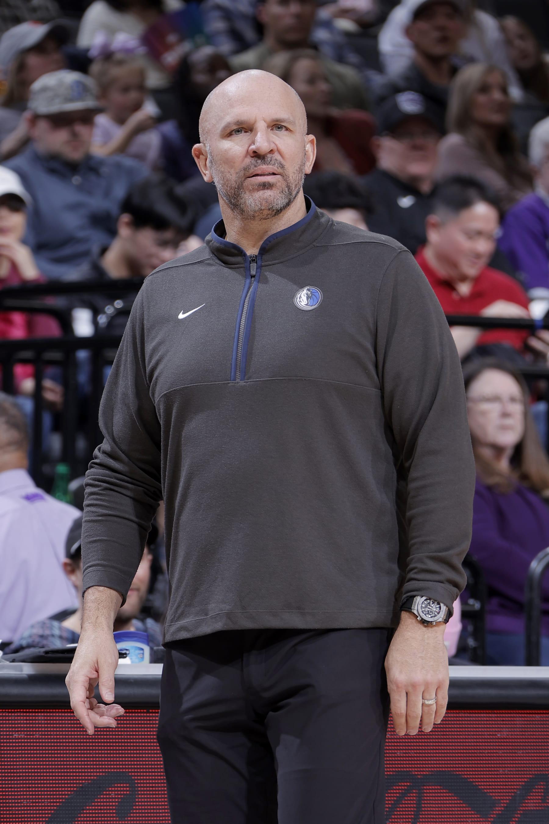 SACRAMENTO, CA - FEBRUARY 11: Head Coach Jason Kidd of the Dallas Mavericks looks on during the game against the Sacramento Kings on February 11, 2023 at Golden 1 Center in Sacramento, California. NOTE TO USER: User expressly acknowledges and agrees that, by downloading and or using this Photograph, user is consenting to the terms and conditions of the Getty Images License Agreement. Mandatory Copyright Notice: Copyright 2023 NBAE (Photo by Rocky Widner/NBAE via Getty Images)