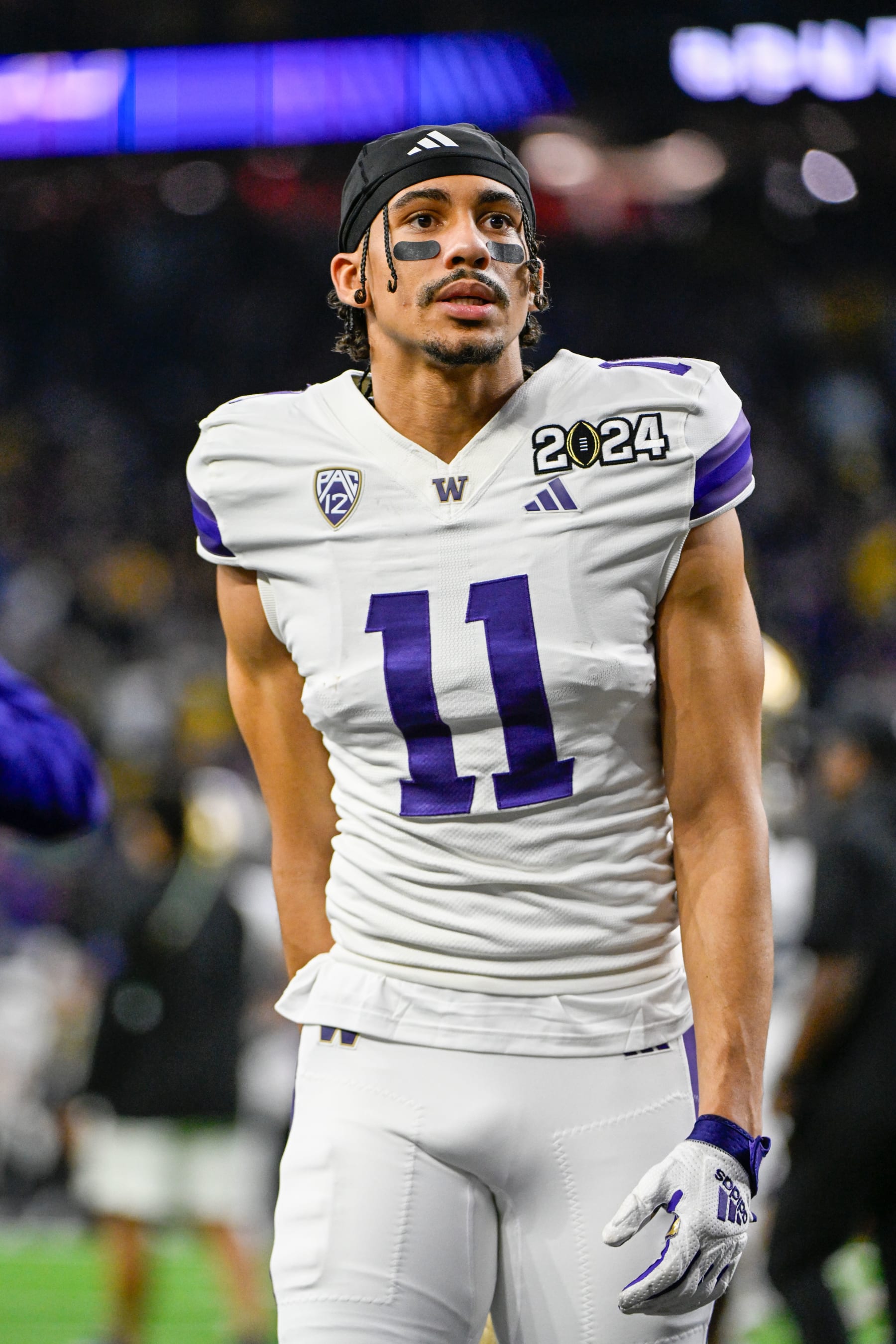 HOUSTON, TX - JANUARY 08: Washington Huskies wide receiver Jalen McMillan (11) warms up before the CFP National Championship football game between the Washington Huskies and Michigan Wolverines at NRG Stadium on January 8, 2024 in Houston, Texas. (Photo by Ken Murray/Icon Sportswire via Getty Images)