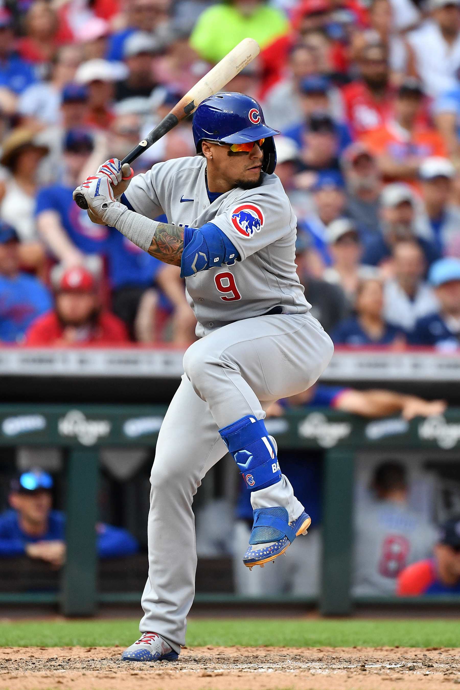 CINCINNATI, OH - JULY 3:  Javier Baez #9 of the Chicago Cubs bats the bases against the Cincinnati Reds at Great American Ball Park on July 3, 2021 in Cincinnati, Ohio.  (Photo by Jamie Sabau/Getty Images)