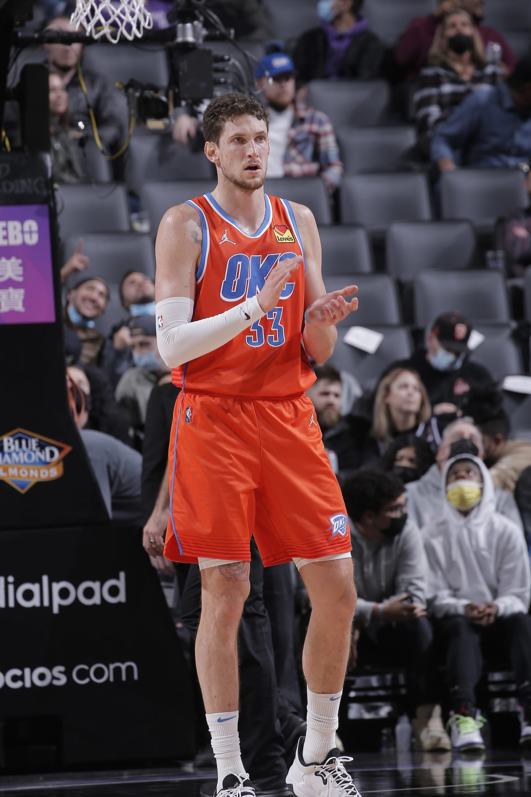 SACRAMENTO, CA - DECEMBER 28: Mike Muscala #33 of the Oklahoma City Thunder looks on during the game against the Sacramento Kings on December 28, 2021 at Golden 1 Center in Sacramento, California. NOTE TO USER: User expressly acknowledges and agrees that, by downloading and or using this photograph, User is consenting to the terms and conditions of the Getty Images Agreement. Mandatory Copyright Notice: Copyright 2021 NBAE (Photo by Rocky Widner/NBAE via Getty Images)