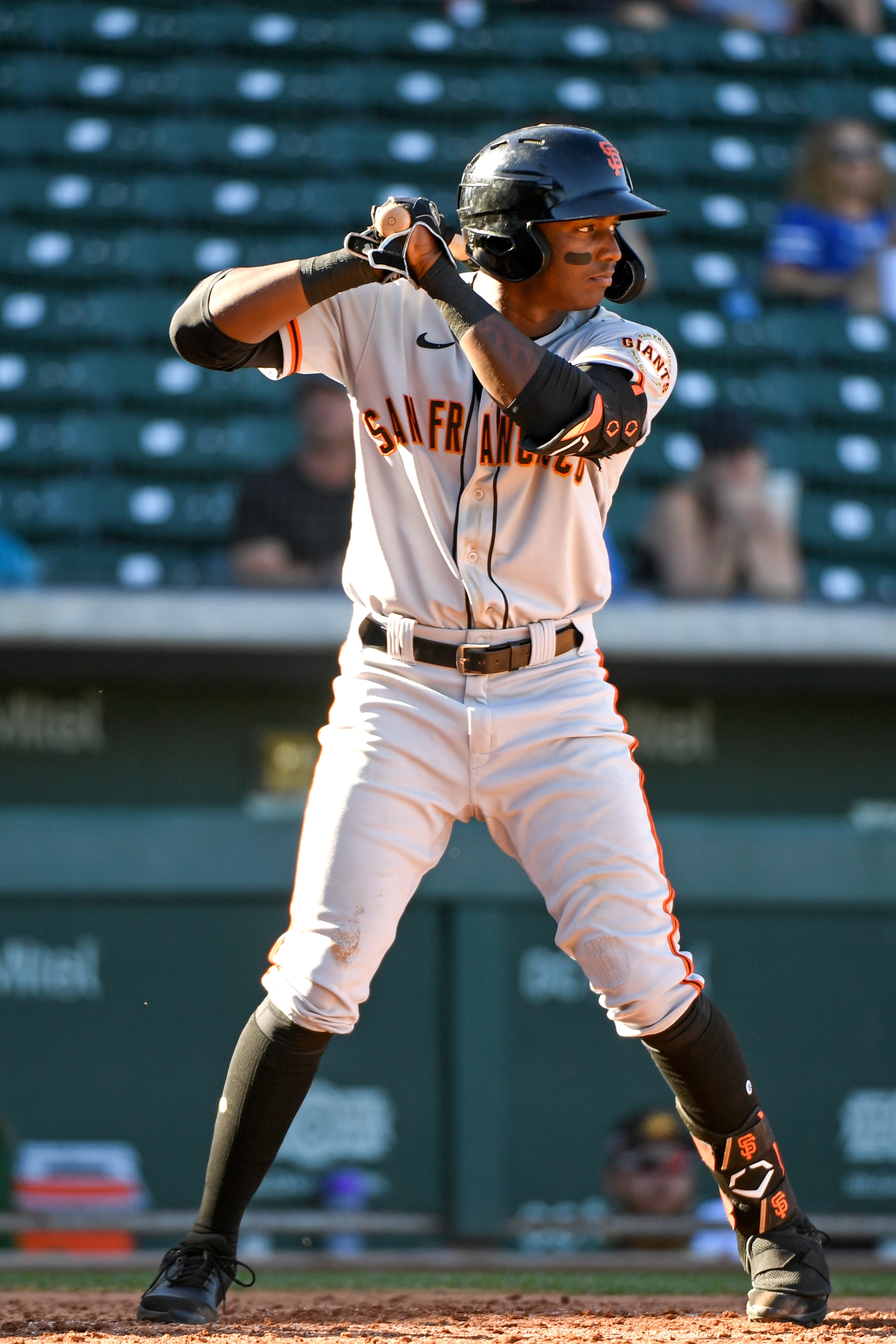MESA, AZ - NOVEMBER 08, 2021: Marco Luciano #7 of the Scottsdale Scorpions bats during a game against the Mesa Solar Sox at Sloan Park on November 8, 2021 in Mesa, Arizona. (Photo by Chris Bernacchi/Diamond Images via Getty Images)