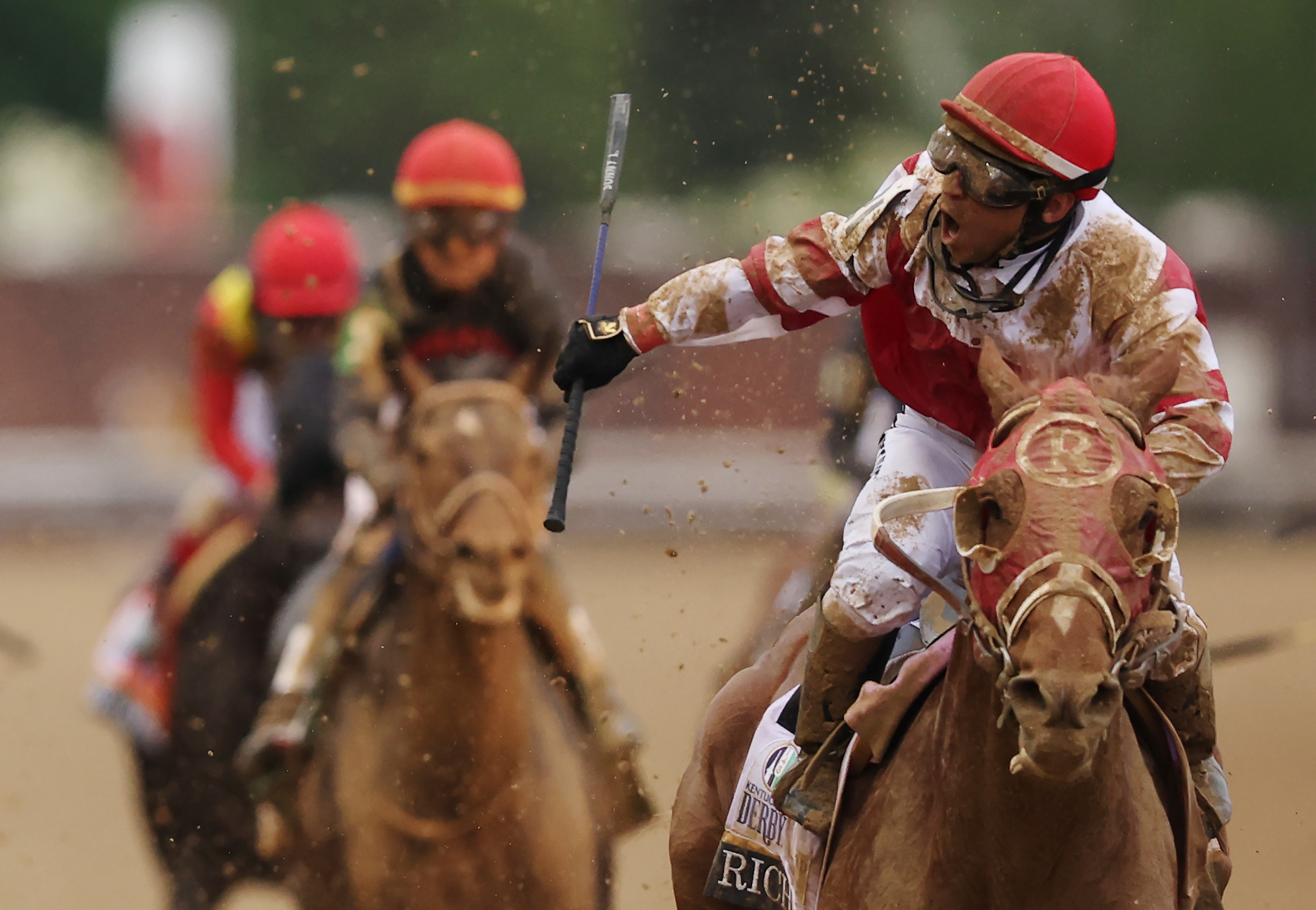 LOUISVILLE, KENTUCKY - MAY 07: Jockey Sonny Leon reacts as Rich Strike wins the 148th running of the Kentucky Derby at Churchill Downs on May 07, 2022 in Louisville, Kentucky. (Photo by Ezra Shaw/Getty Images)
