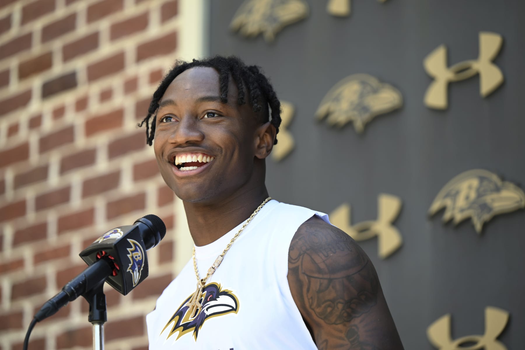 Baltimore Ravens first round draft pick wide receiver Zay Flowers answers questions after practice, Saturday, May 6, 2023, in Owings Mills, MD. (AP Photo/Gail Burton)