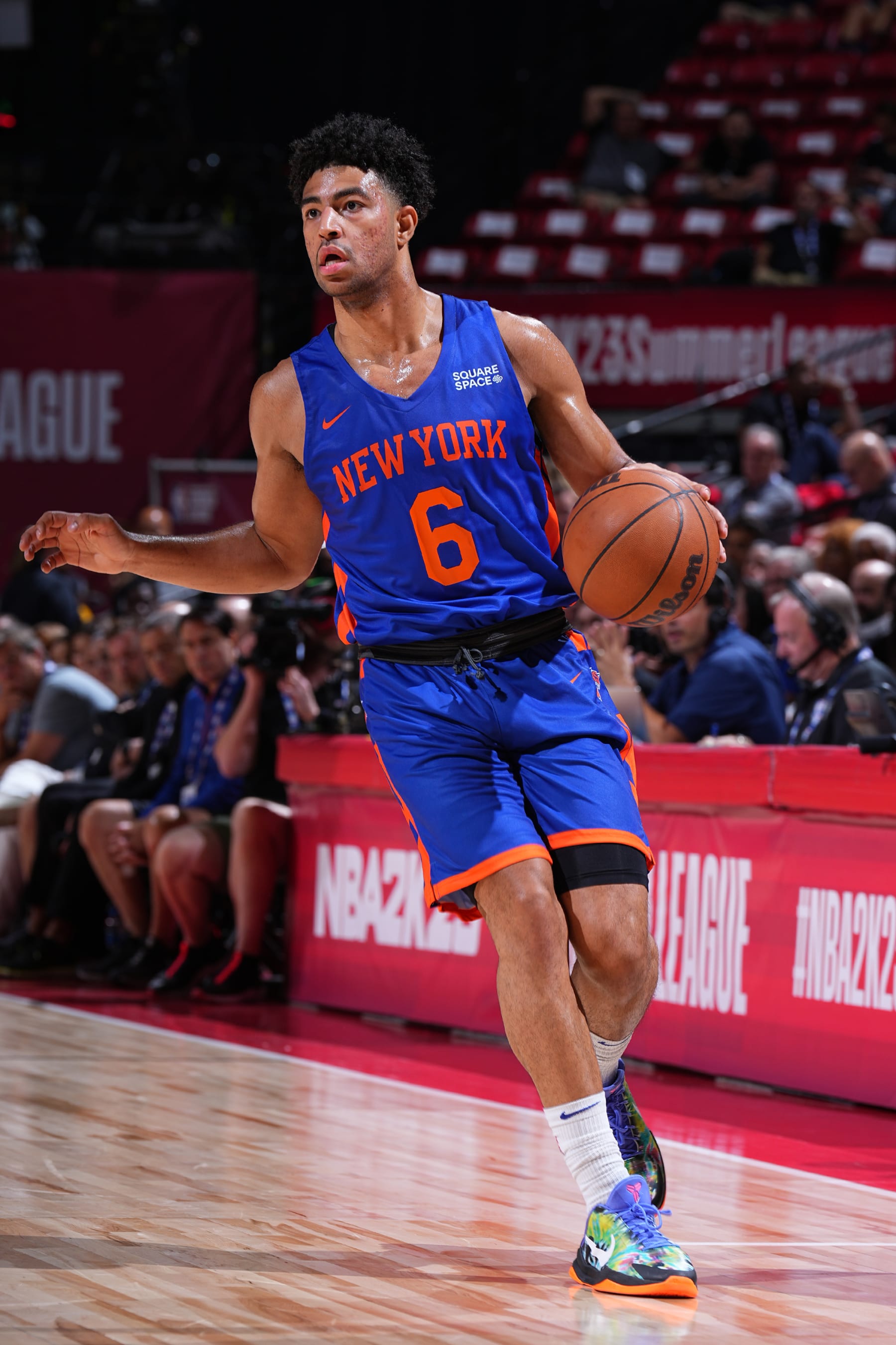 LAS VEGAS, NV - JULY 11:  Quentin Grimes #6 of New York Knicks handles the ball during the game against the Portland Trail Blazers during the 2022 Las Vegas Summer League on July 11, 2022 at the Thomas & Mack Center in Las Vegas, Nevada NOTE TO USER: User expressly acknowledges and agrees that, by downloading and/or using this Photograph, user is consenting to the terms and conditions of the Getty Images License Agreement. Mandatory Copyright Notice: Copyright 2022 NBAE (Photo by Garrett Ellwood/NBAE via Getty Images)