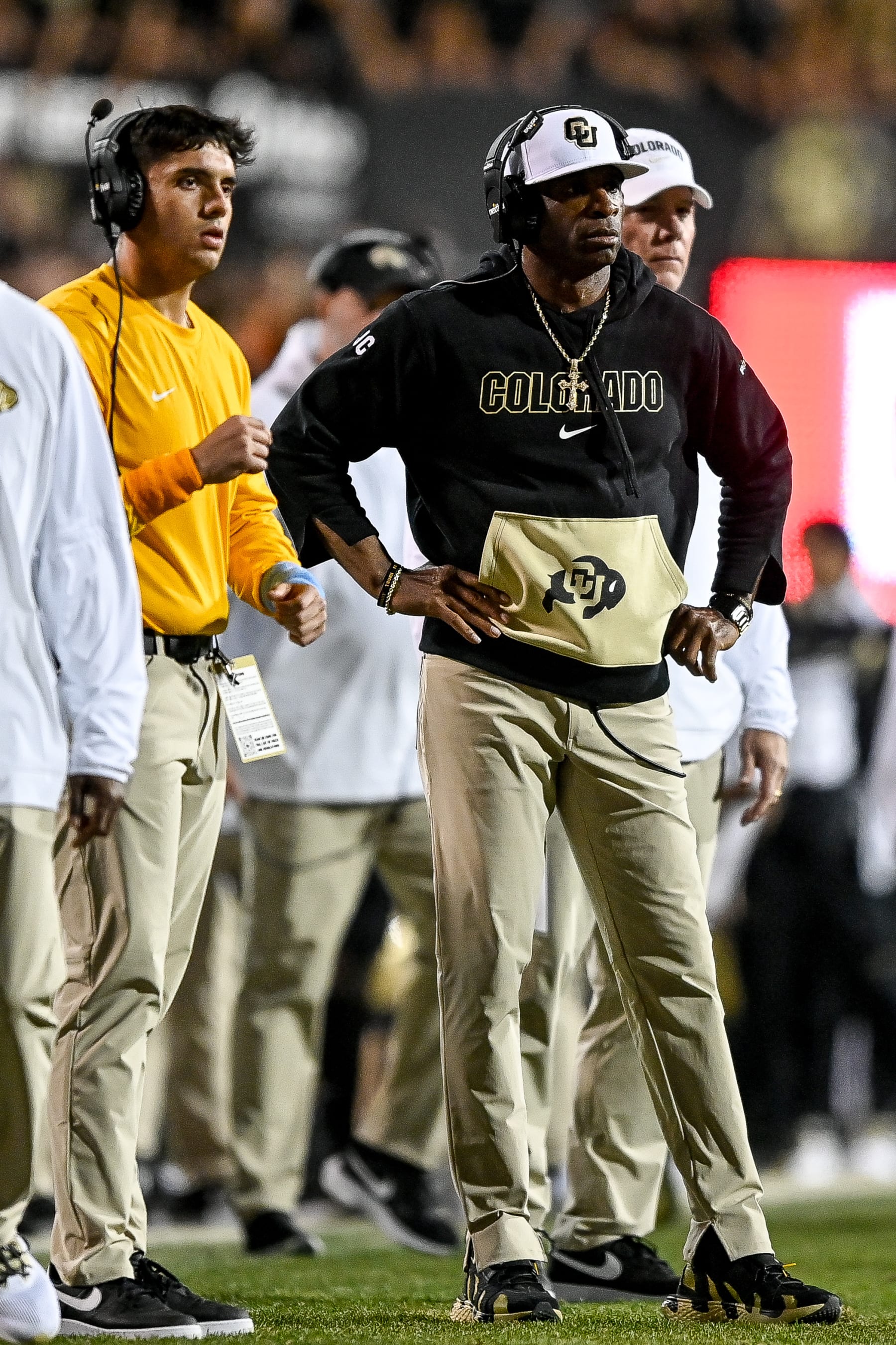 BOULDER, CO - SEPTEMBER 17:  Head coach Deion Sanders of the Colorado Buffaloes looks on in the first overtime period against the Colorado State Rams at Folsom Field on September 17, 2023 in Boulder, Colorado. (Photo by Dustin Bradford/Getty Images)
