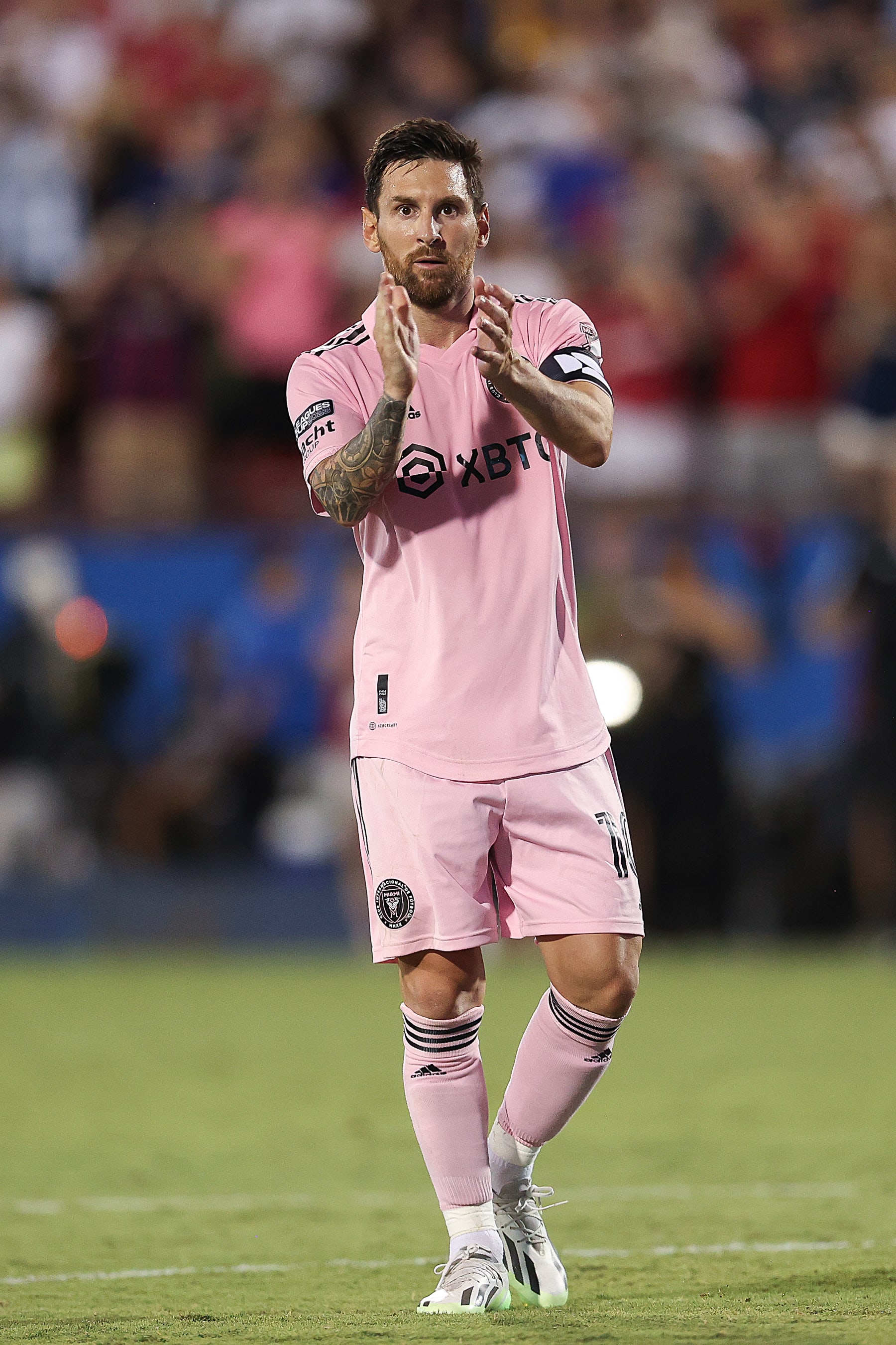 FRISCO, TEXAS - AUGUST 6: Lionel Messi #10 of Inter Miami CF celebrates after scoring the first penalty kick during the round of 16 Leagues Cup football match between Inter Miami CF and FC Dallas at Toyota Stadium on August 6, 2023 in Frisco, Texas. (Photo by Omar Vega/Getty Images)