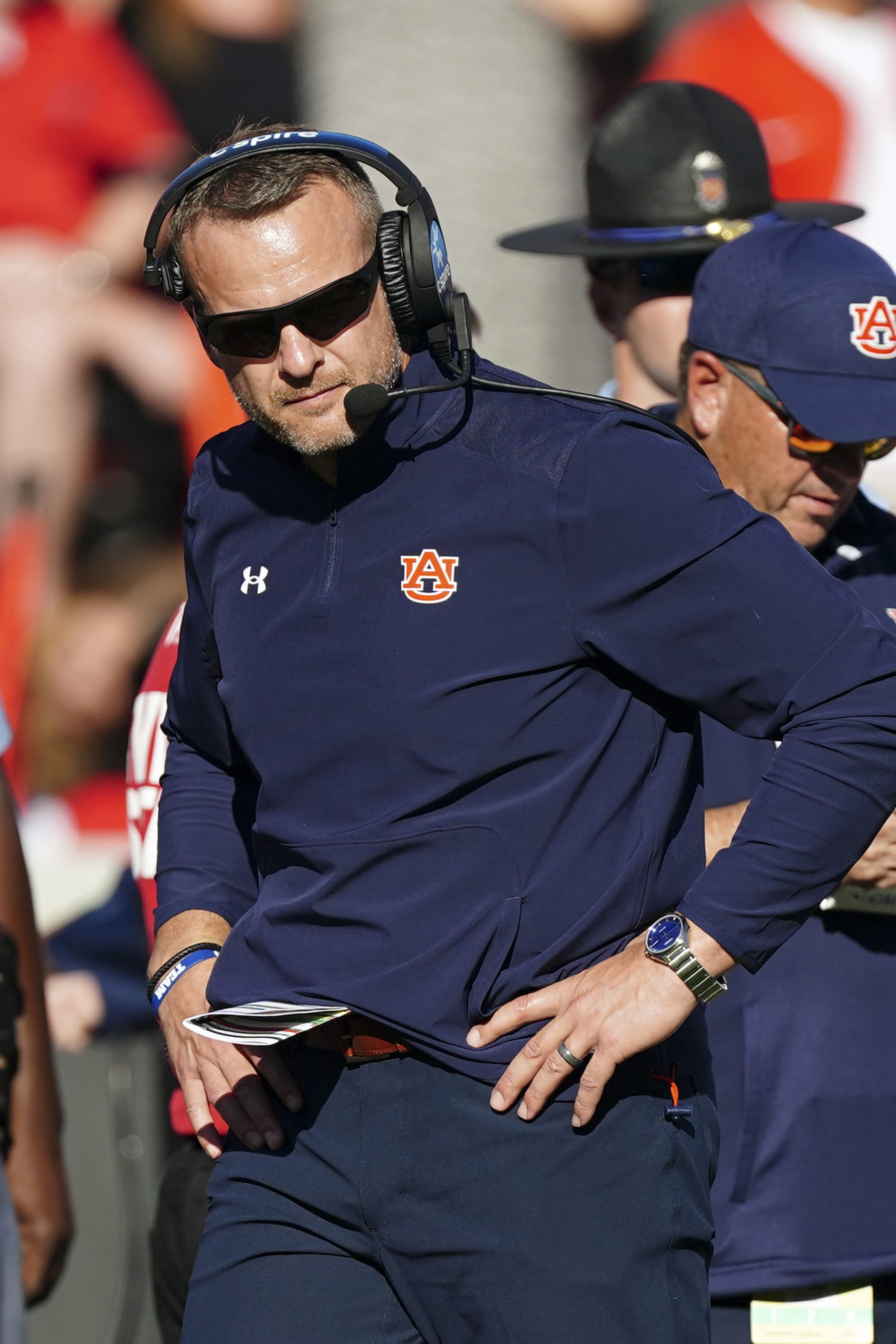 Auburn head coach Bryan Harsin paces on the sideline during the first half of an NCAA college football game against Georgia, Saturday, Oct. 8, 2022, in Athens, Ga. (AP Photo/John Bazemore)