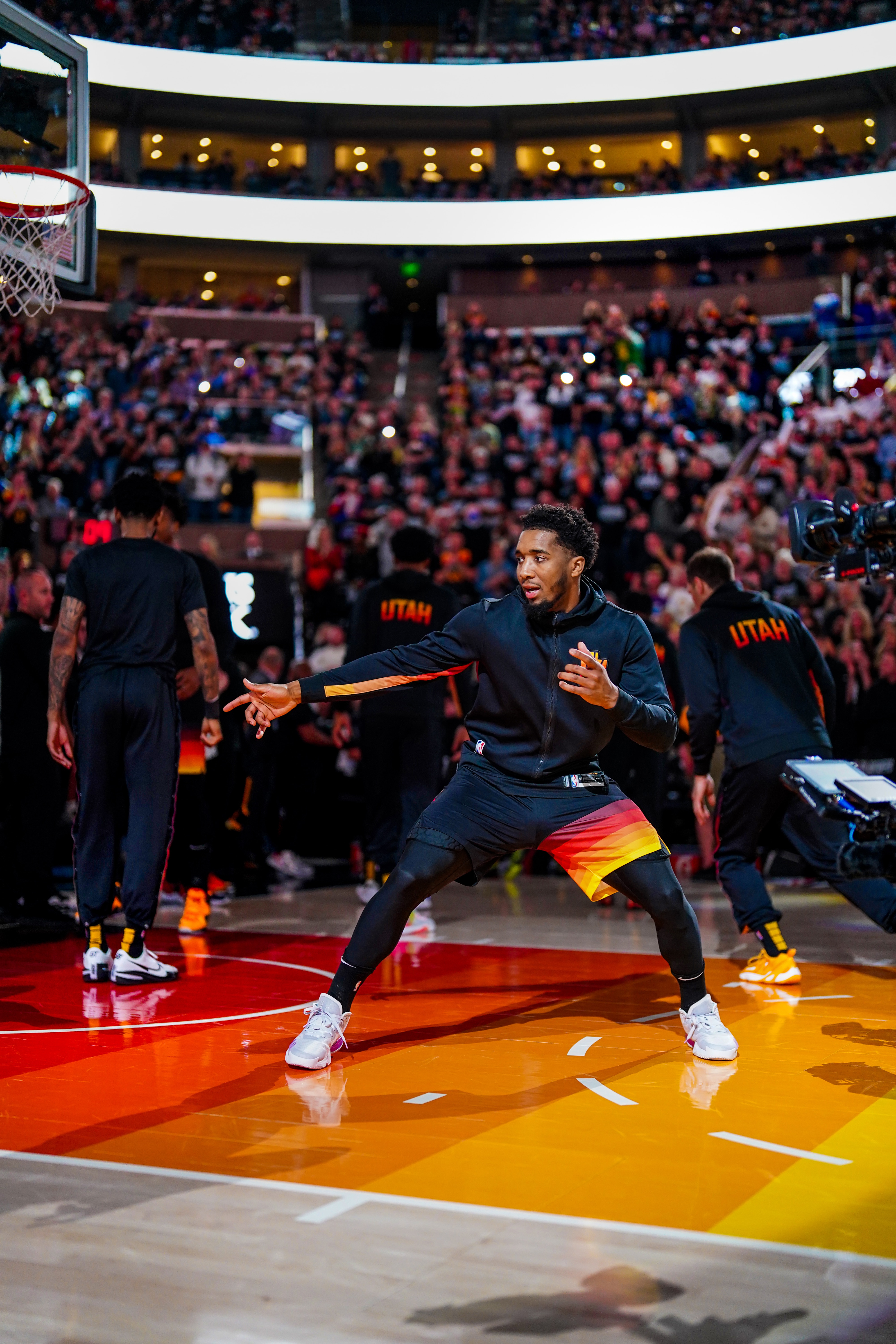 SALT LAKE CITY, UT - APRIL 28: Donovan Mitchell #45 of the Utah Jazz is introduced before Round 1 Game 6 of the 2022 NBA Playoffs on April 28, 2022 at vivint.SmartHome Arena in Salt Lake City, Utah. NOTE TO USER: User expressly acknowledges and agrees that, by downloading and or using this Photograph, User is consenting to the terms and conditions of the Getty Images License Agreement. Mandatory Copyright Notice: Copyright 2022 NBAE (Photo by Tyler Ross/NBAE via Getty Images)
