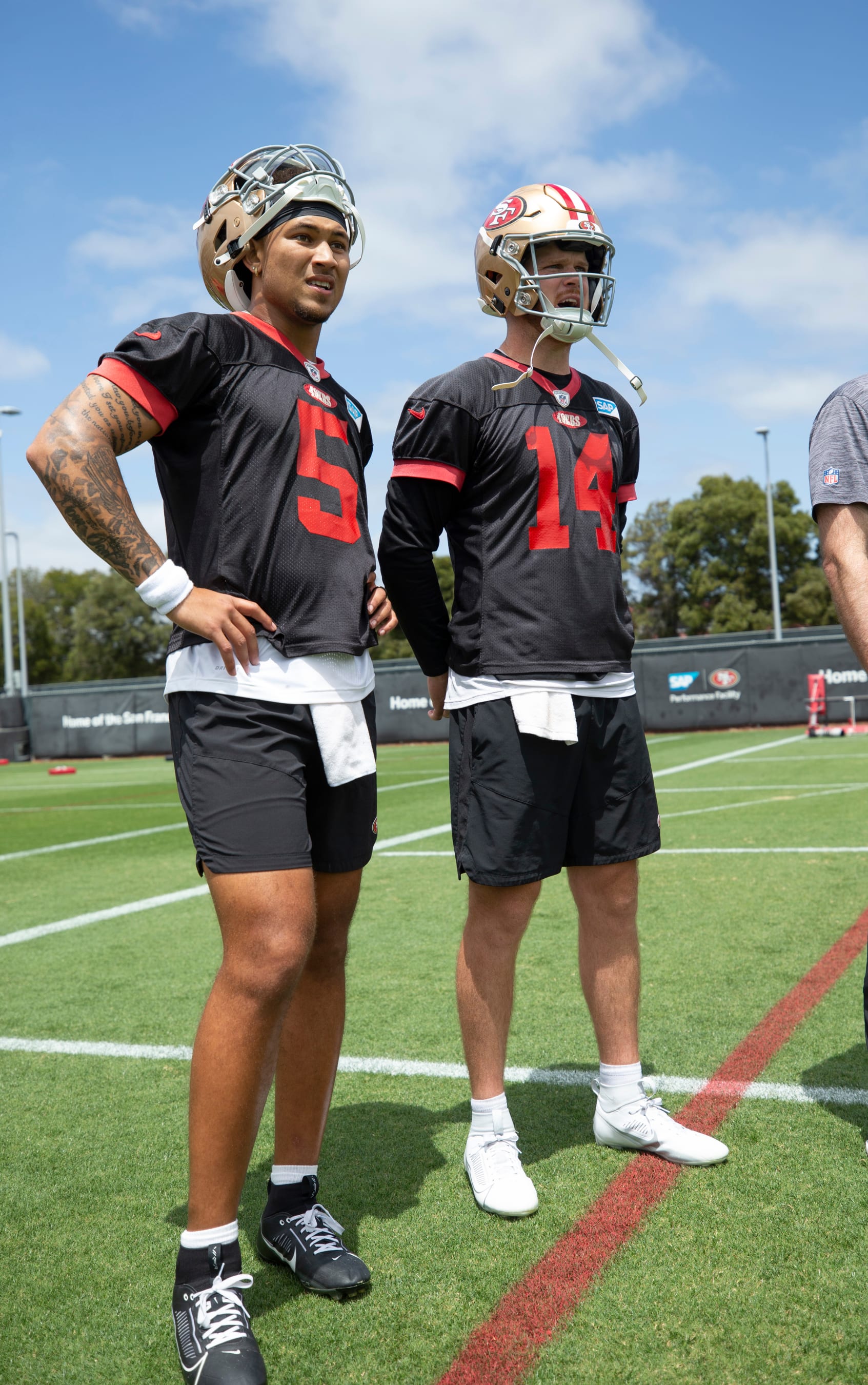 SANTA CLARA, CA - JUNE 7: Trey Lance #5 and Sam Darnold #14 of the San Francisco 49ers during mandatory minicamp at the SAP Performance Facility on June 7, 2023 in Santa Clara, California.  (Photo by Michael Zagaris/San Francisco 49ers/Getty Images)