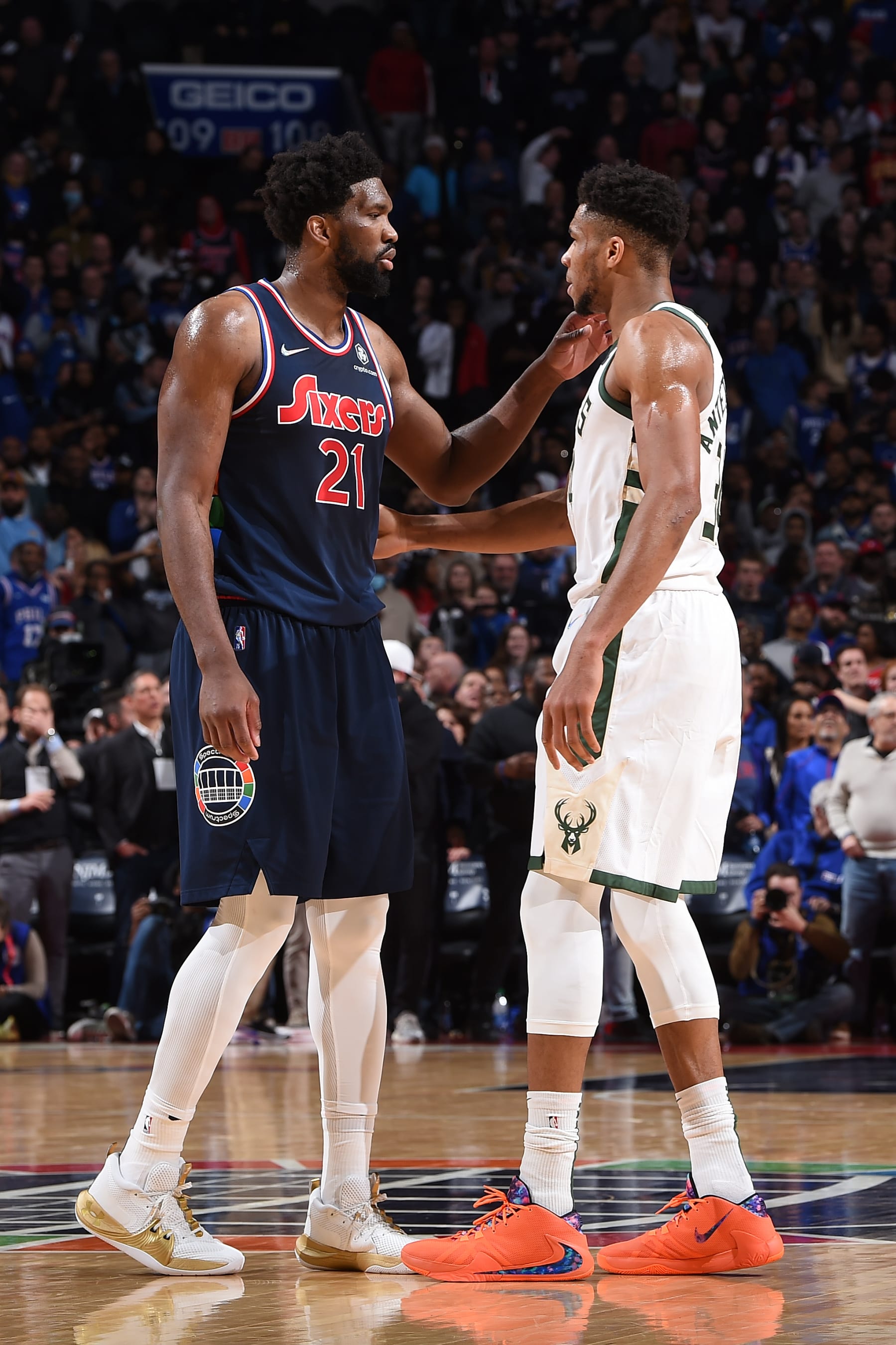 PHILADELPHIA, PA - MARCH 29: Joel Embiid #21 of the Philadelphia 76ers and Giannis Antetokounmpo #34 of the Milwaukee Bucks talk after the game on March 29, 2022 at the Wells Fargo Center in Philadelphia, Pennsylvania NOTE TO USER: User expressly acknowledges and agrees that, by downloading and/or using this Photograph, user is consenting to the terms and conditions of the Getty Images License Agreement. Mandatory Copyright Notice: Copyright 2022 NBAE (Photo by David Dow/NBAE via Getty Images)