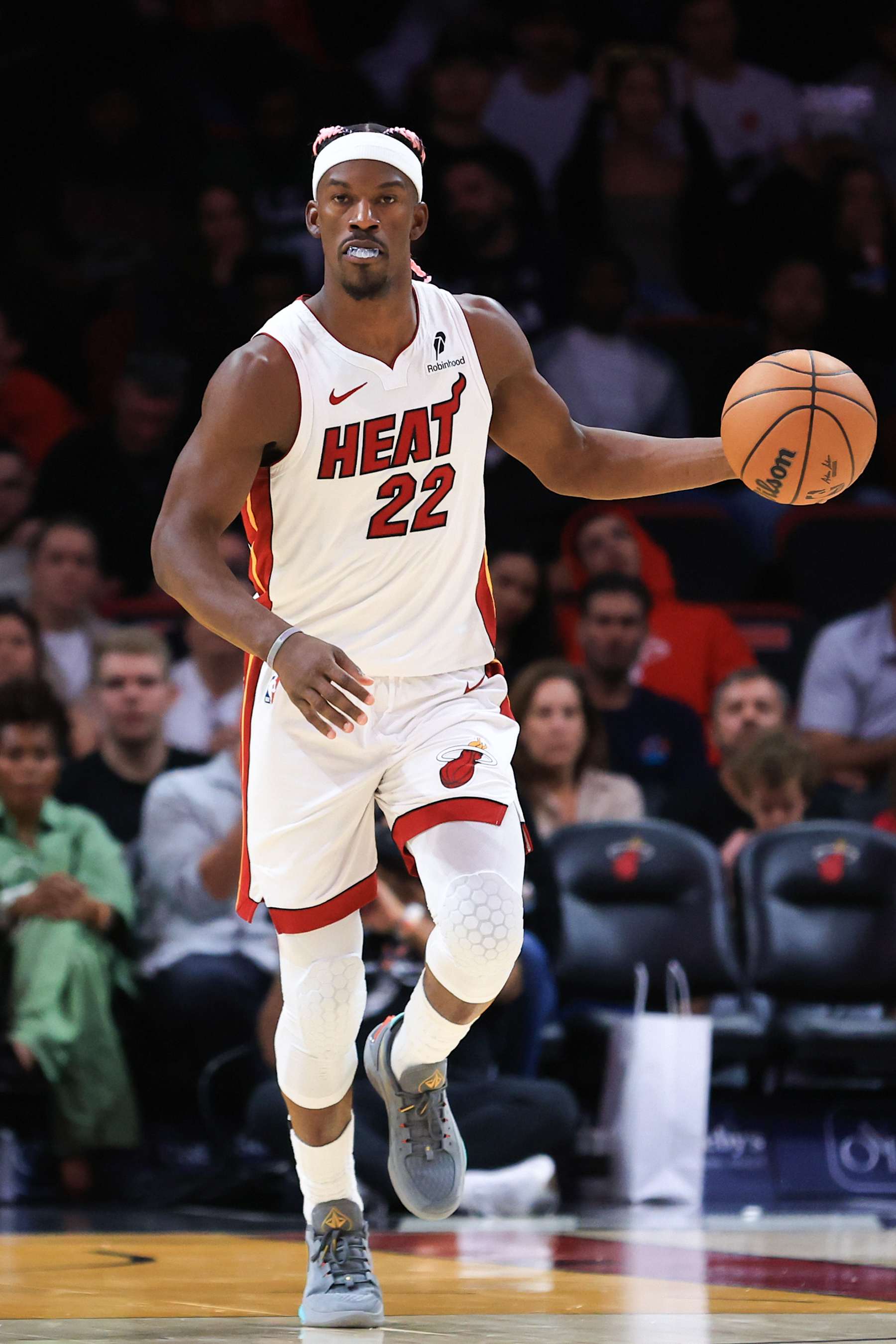 MIAMI, FLORIDA - JANUARY 01: Jimmy Butler #22 of the Miami Heat dribbles the ball against the New Orleans Pelicans during the second quarter of the game at Kaseya Center on January 01, 2025 in Miami, Florida. NOTE TO USER: User expressly acknowledges and agrees that, by downloading and or using this photograph, User is consenting to the terms and conditions of the Getty Images License Agreement. (Photo by Megan Briggs/Getty Images)