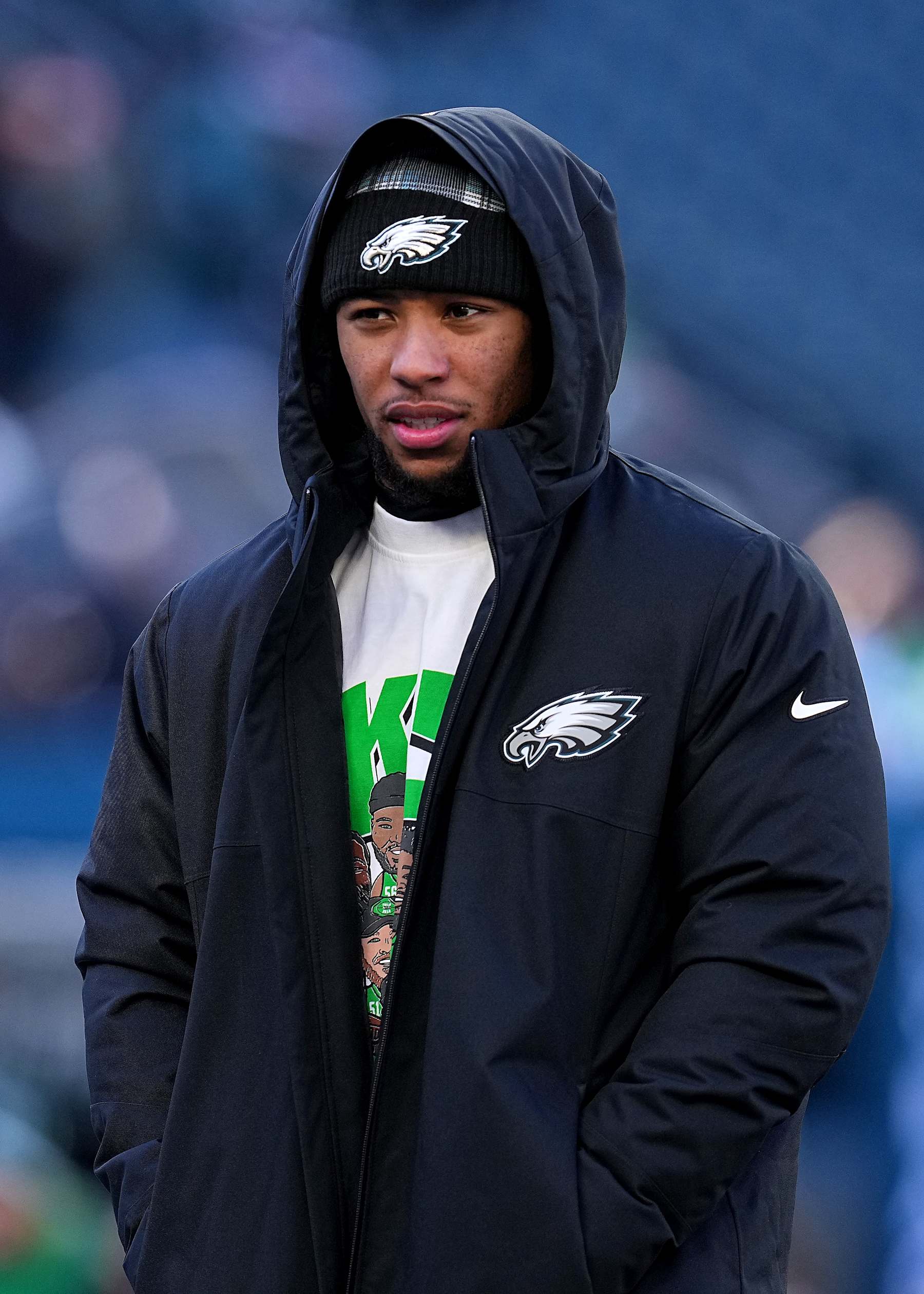 PHILADELPHIA, PENNSYLVANIA - JANUARY 05: Saquon Barkley #26 of the Philadelphia Eagles looks on during warms up prior to the game against the New York Giants at Lincoln Financial Field on January 05, 2025 in Philadelphia, Pennsylvania. (Photo by Mitchell Leff/Getty Images)