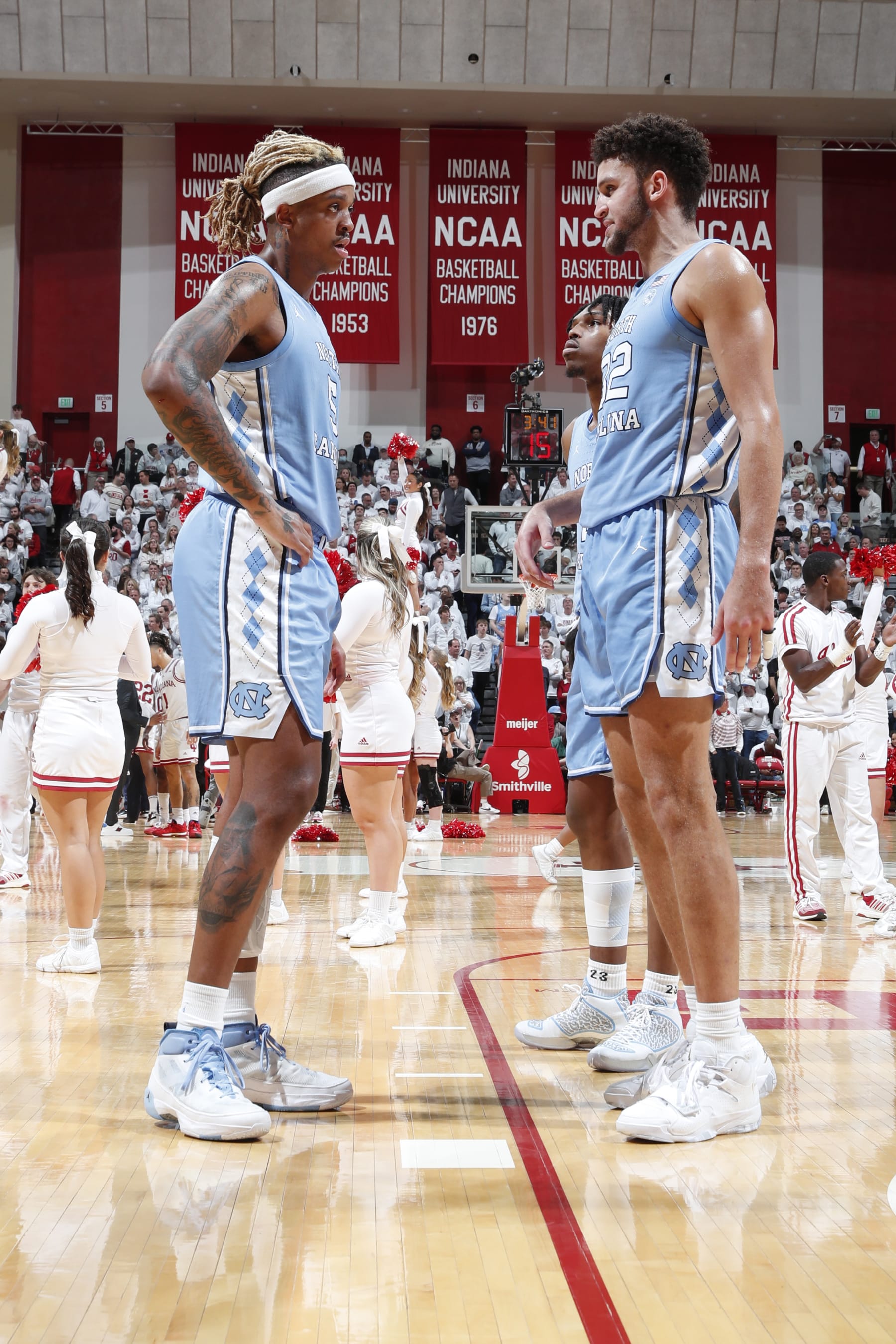 BLOOMINGTON, IN - NOVEMBER 30: North Carolina Tar Heels forward Armando Bacot (5) talks to forward Pete Nance (32) during a game against the Indiana Hoosiers on November 30, 2022, at Assembly Hall in Bloomington, Indiana. (Photo by Brian Spurlock/Icon Sportswire via Getty Images)