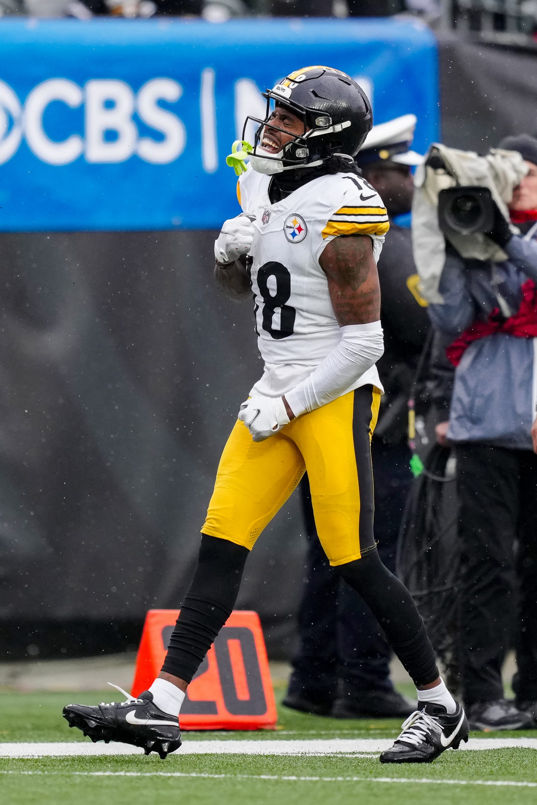 CINCINNATI, OHIO - NOVEMBER 26: Diontae Johnson #18 of the Pittsburgh Steelers celebrates after making a catch in the second quarter against the Cincinnati Bengals at Paycor Stadium on November 26, 2023 in Cincinnati, Ohio. (Photo by Dylan Buell/Getty Images)