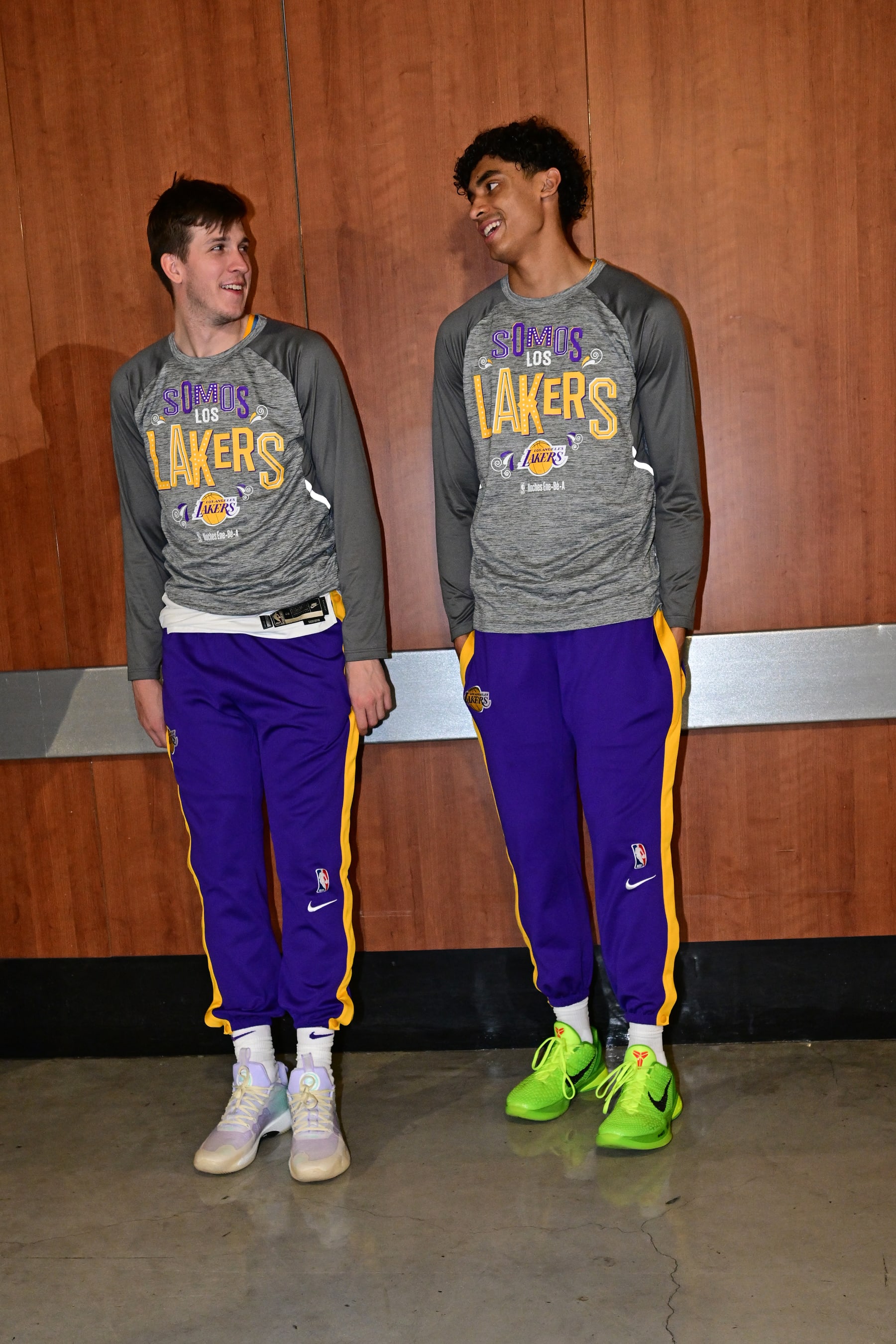 LOS ANGELES, CA -  MARCH 3: Austin Reaves #15 and Max Christie #10 of the Los Angeles Lakers warm up before the game against the Minnesota Timberwolves on March 3, 2023 at Crypto.Com Arena in Los Angeles, California. NOTE TO USER: User expressly acknowledges and agrees that, by downloading and/or using this Photograph, user is consenting to the terms and conditions of the Getty Images License Agreement. Mandatory Copyright Notice: Copyright 2023 NBAE (Photo by Adam Pantozzi/NBAE via Getty Images)
