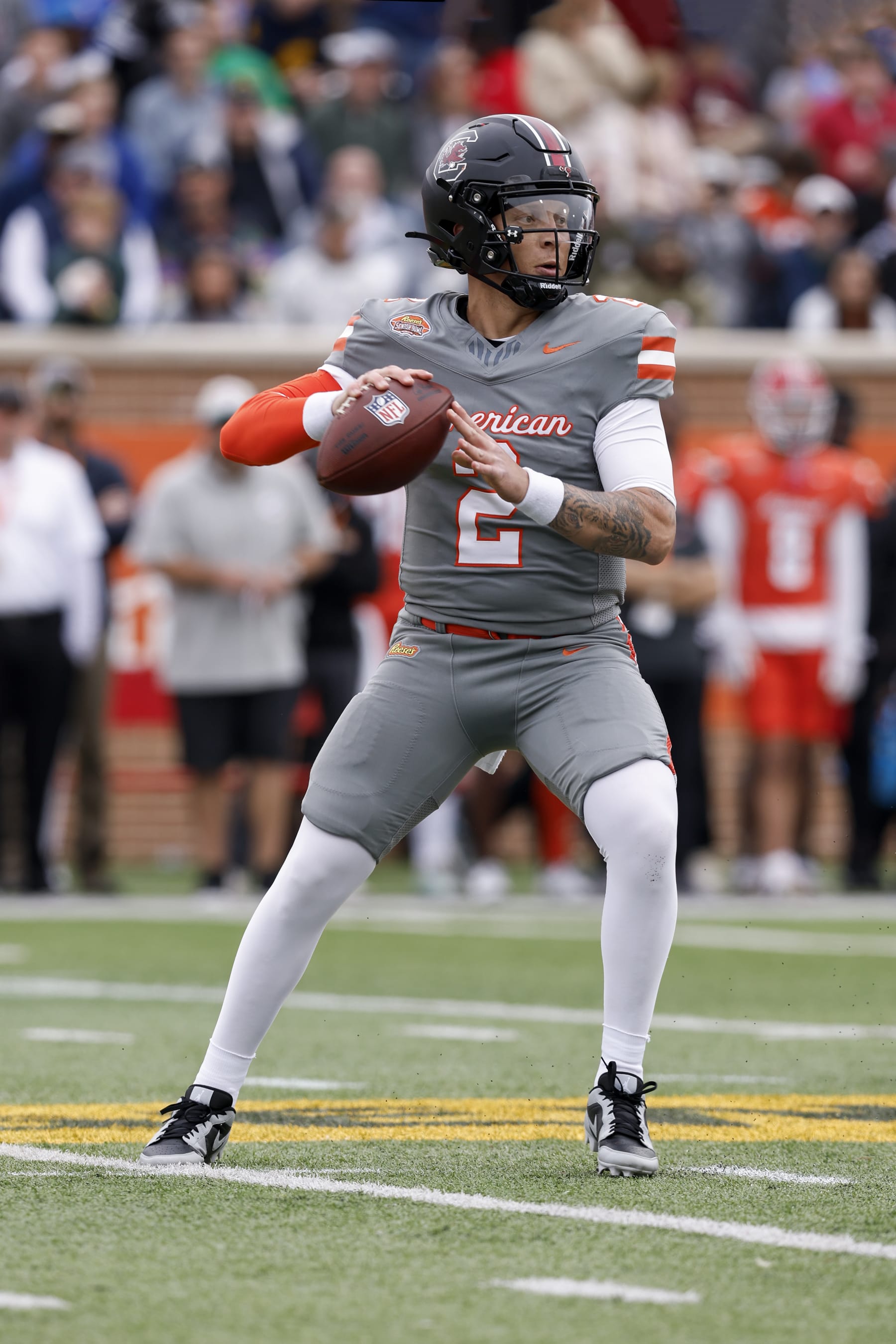 MOBILE, AL - FEBRUARY 03: Quarterback Spencer Rattler #2 of South Carolina from the American Team on a passing play during the 2024 Reese's Senior Bowl at Hancock Whitney Stadium on the campus of the University of South Alabama on February 3, 2024 in Mobile, Alabama. The National Team defeated the American Team 16 to 7. (Photo by Don Juan Moore/Getty Images)