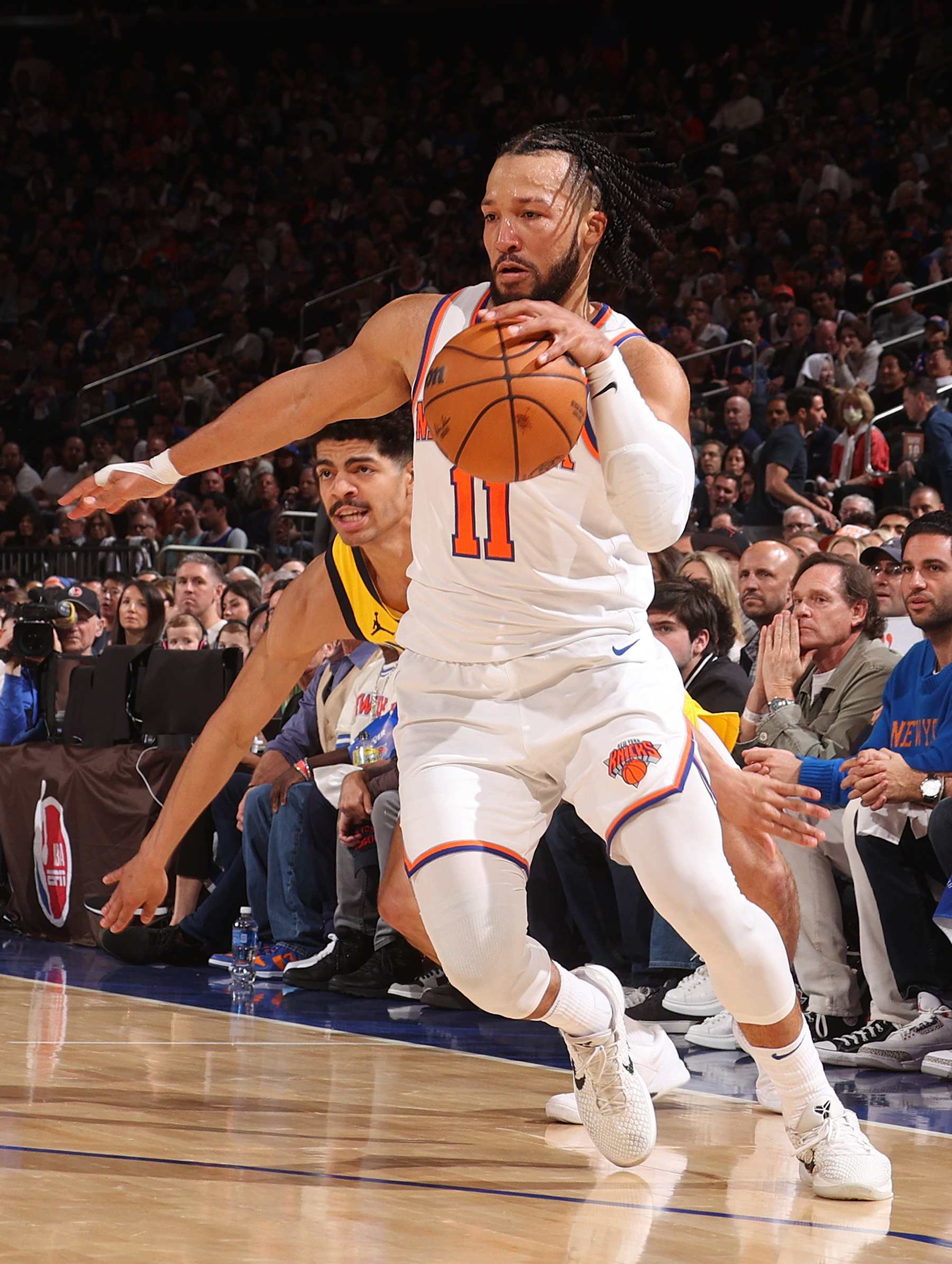 NEW YORK, NY - MAY 19: Jalen Brunson #11 of the New York Knicks handles the ball during the game against the Indiana Pacers during Round 2 Game 7 of the 2024 NBA Playoffs on May 19, 2024 at Madison Square Garden in New York City, New York.  NOTE TO USER: User expressly acknowledges and agrees that, by downloading and or using this photograph, User is consenting to the terms and conditions of the Getty Images License Agreement. Mandatory Copyright Notice: Copyright 2024 NBAE  (Photo by Nathaniel S. Butler/NBAE via Getty Images)