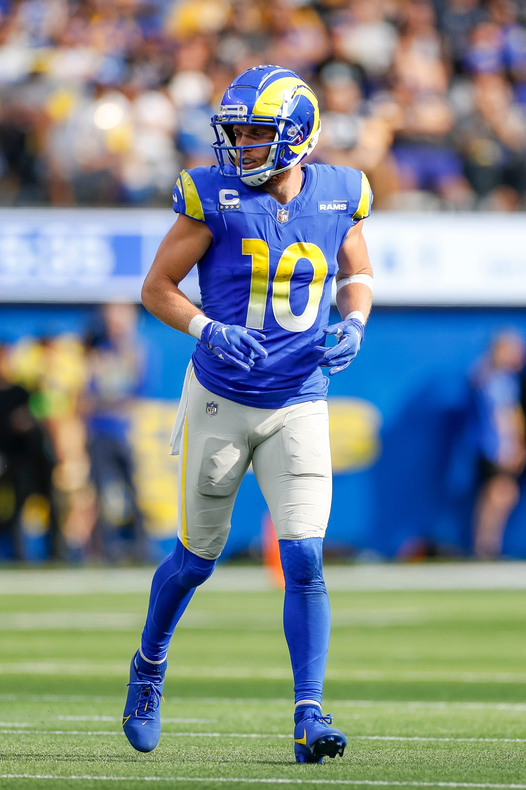 INGLEWOOD, CA - OCTOBER 22: Los Angeles Rams wide receiver Cooper Kupp (10) runs on the field in the second half during an NFL regular season game between the Pittsburgh Steelers and the Los Angeles Rams on October 22, 2023, at SoFi Stadium in Inglewood, CA. (Photo by Brandon Sloter/Icon Sportswire via Getty Images)