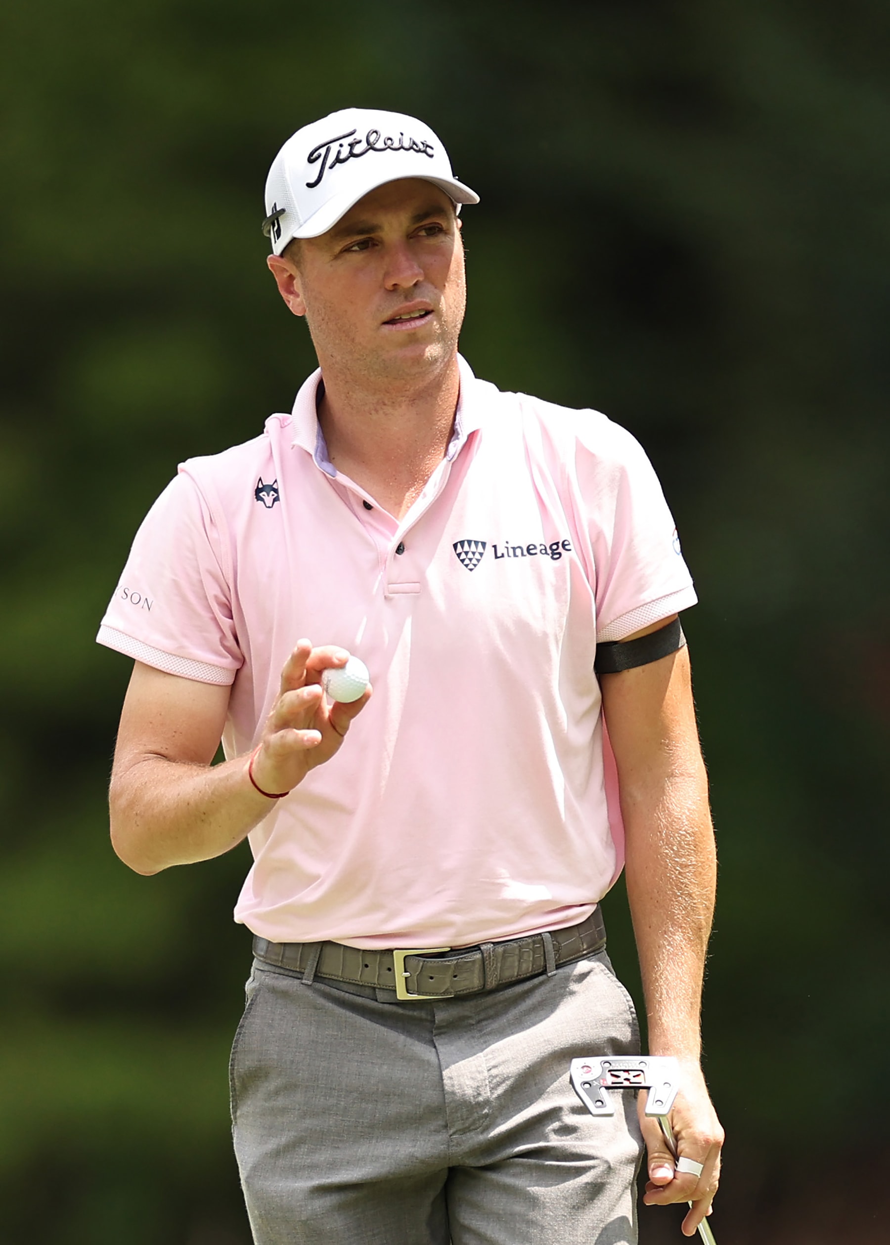 GREENSBORO, NORTH CAROLINA - AUGUST 06: Justin Thomas of the United States reacts on the third green during the final round of the Wyndham Championship at Sedgefield Country Club on August 06, 2023 in Greensboro, North Carolina. (Photo by Jared C. Tilton/Getty Images)