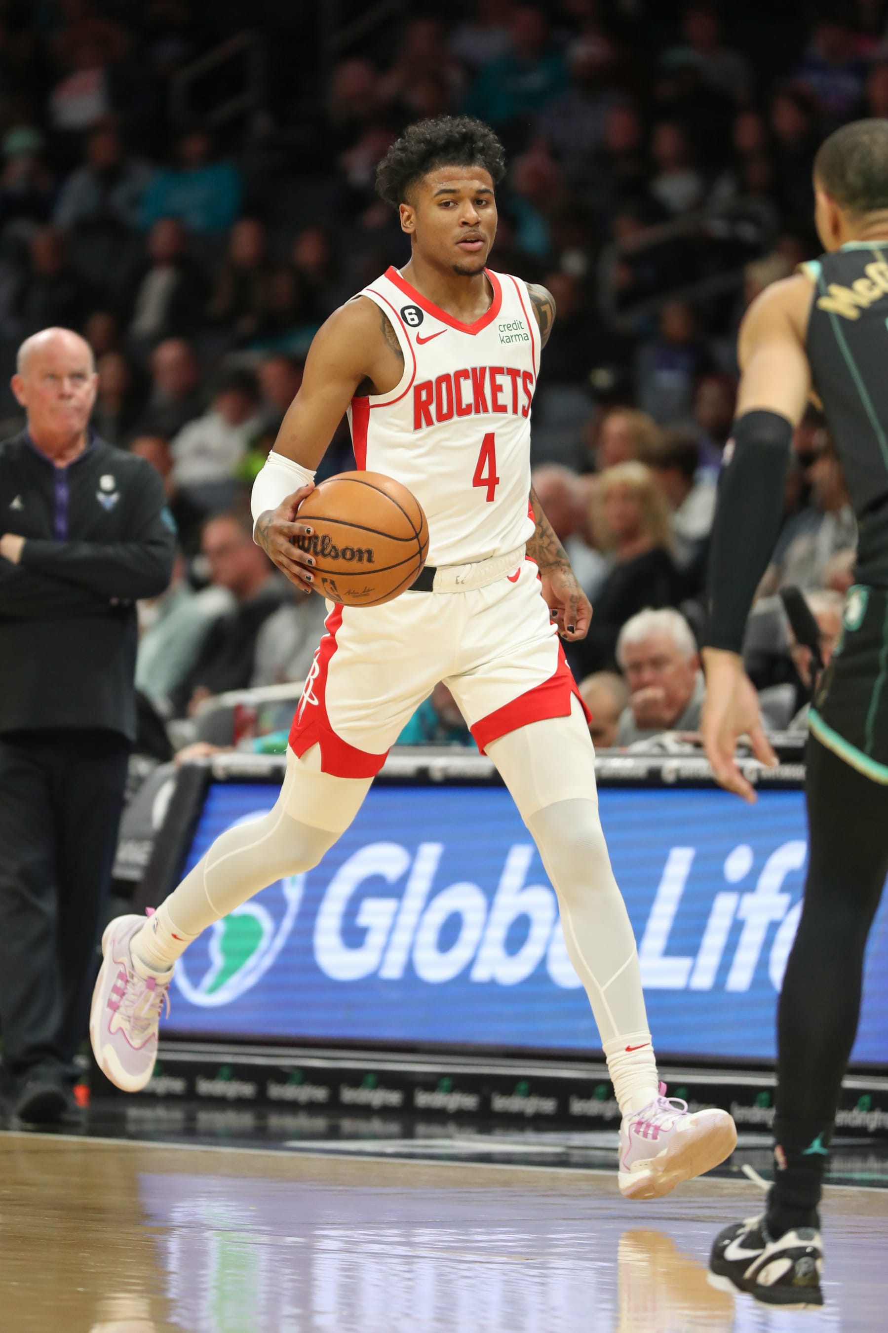 CHARLOTTE, NC - APRIL 7:  Jalen Green #4 of the Houston Rockets goes to the basket during the game on April 7, 2023 at Spectrum Center in Charlotte, North Carolina. NOTE TO USER: User expressly acknowledges and agrees that, by downloading and or using this photograph, User is consenting to the terms and conditions of the Getty Images License Agreement.  Mandatory Copyright Notice:  Copyright 2023 NBAE (Photo by Brock Williams-Smith/NBAE via Getty Images)