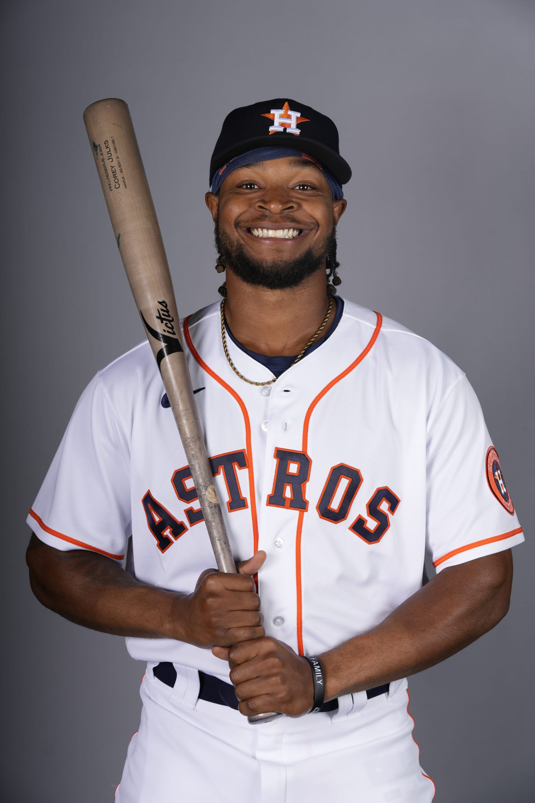 Outfielder Corey Julks poses for a picture during photo day at Houston Astros spring training, Wednesday, March 16, 2022, at The Ballpark of the Palm Beaches in West Palm Beach, Fla. (AP Photo/Rebecca Blackwell)