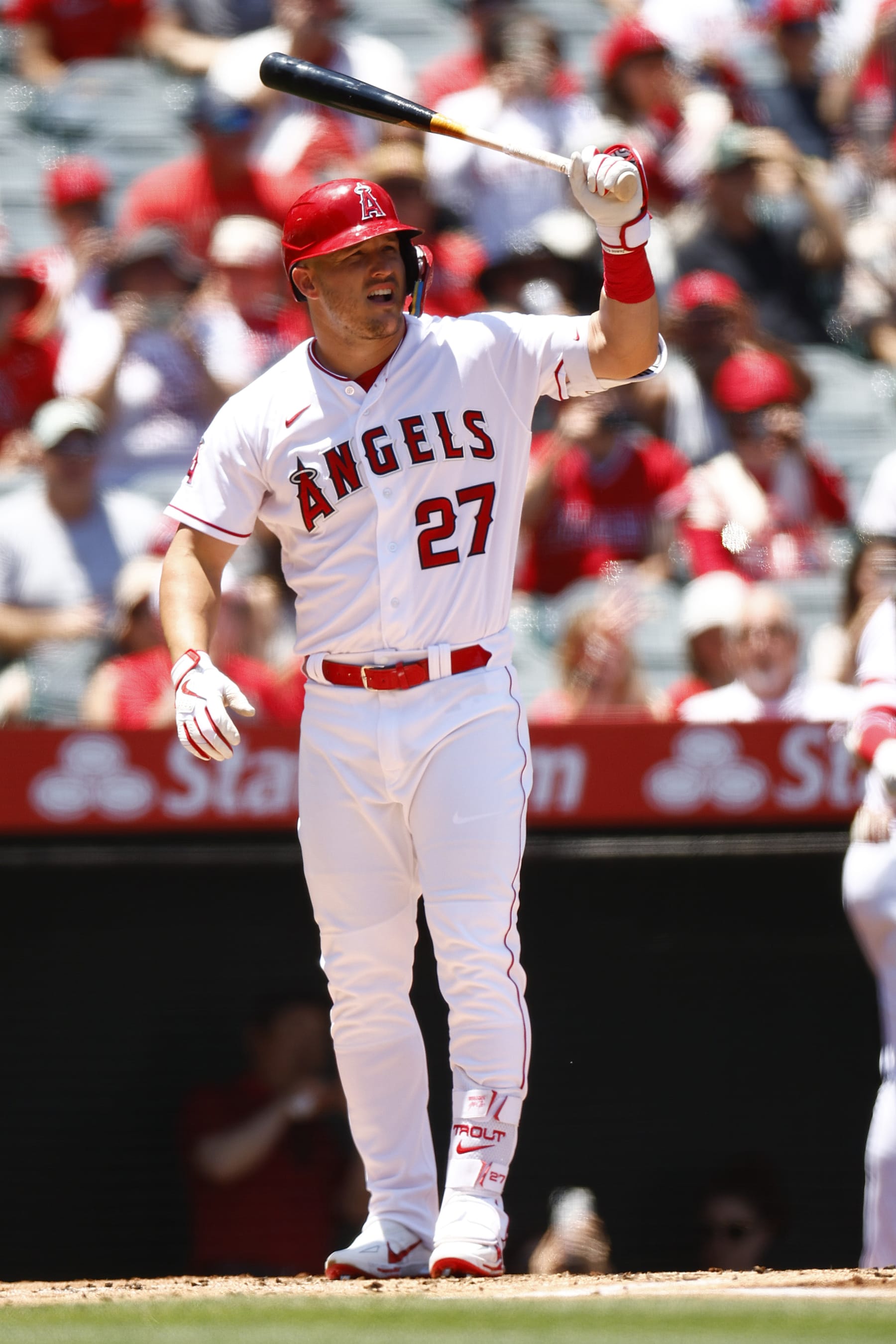 ANAHEIM, CALIFORNIA - JULY 02:   Mike Trout #27 of the Los Angeles Angels at Angel Stadium of Anaheim on July 02, 2023 in Anaheim, California. (Photo by Ronald Martinez/Getty Images)