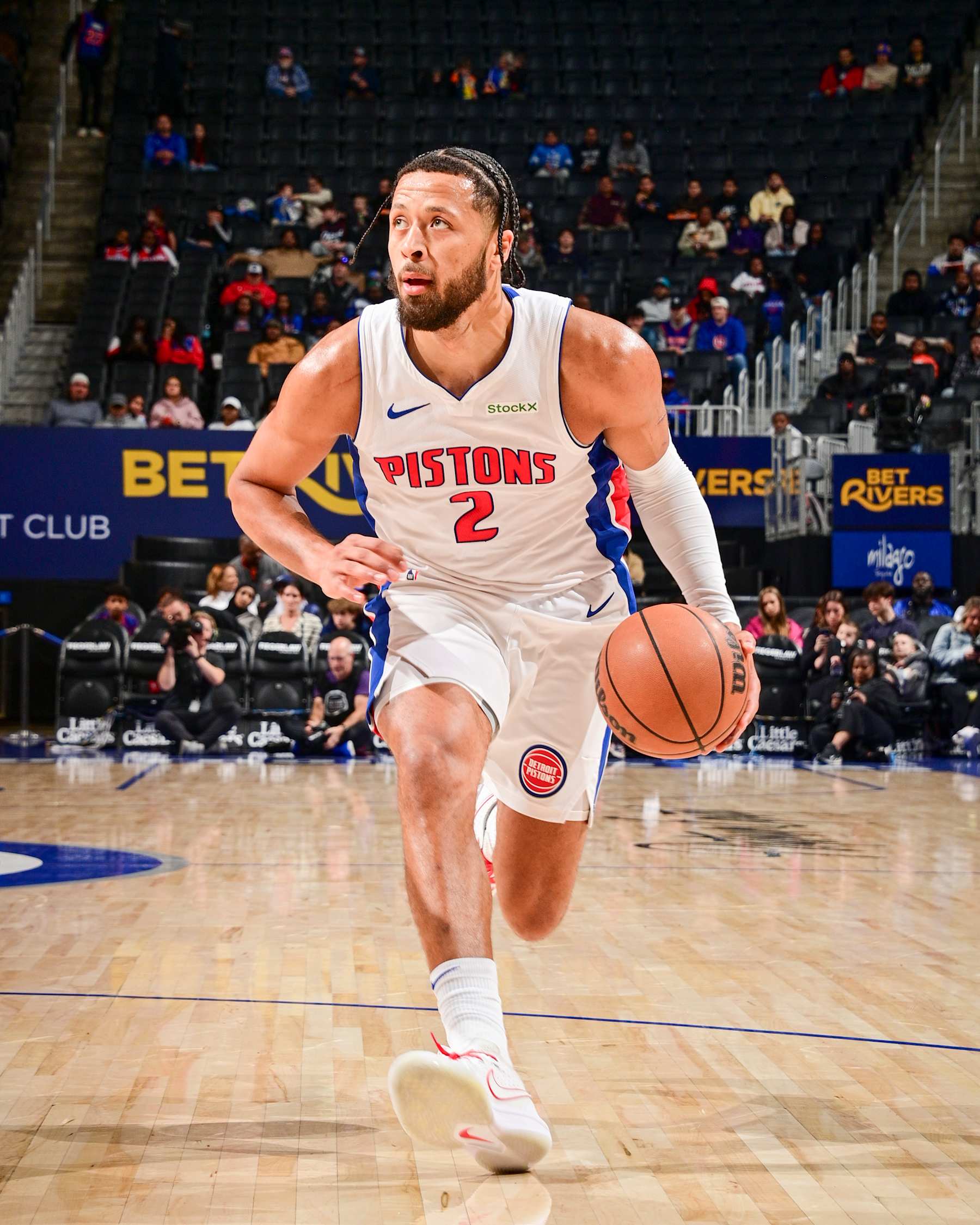 DETROIT, MI - OCTOBER 16: Cade Cunningham #2 of the Detroit Pistons drives to the basket during the game on October 16, 2024 at Little Caesars Arena in Detroit, Michigan. NOTE TO USER: User expressly acknowledges and agrees that, by downloading and/or using this photograph, User is consenting to the terms and conditions of the Getty Images License Agreement. Mandatory Copyright Notice: Copyright 2024 NBAE (Photo by Chris Schwegler/NBAE via Getty Images)