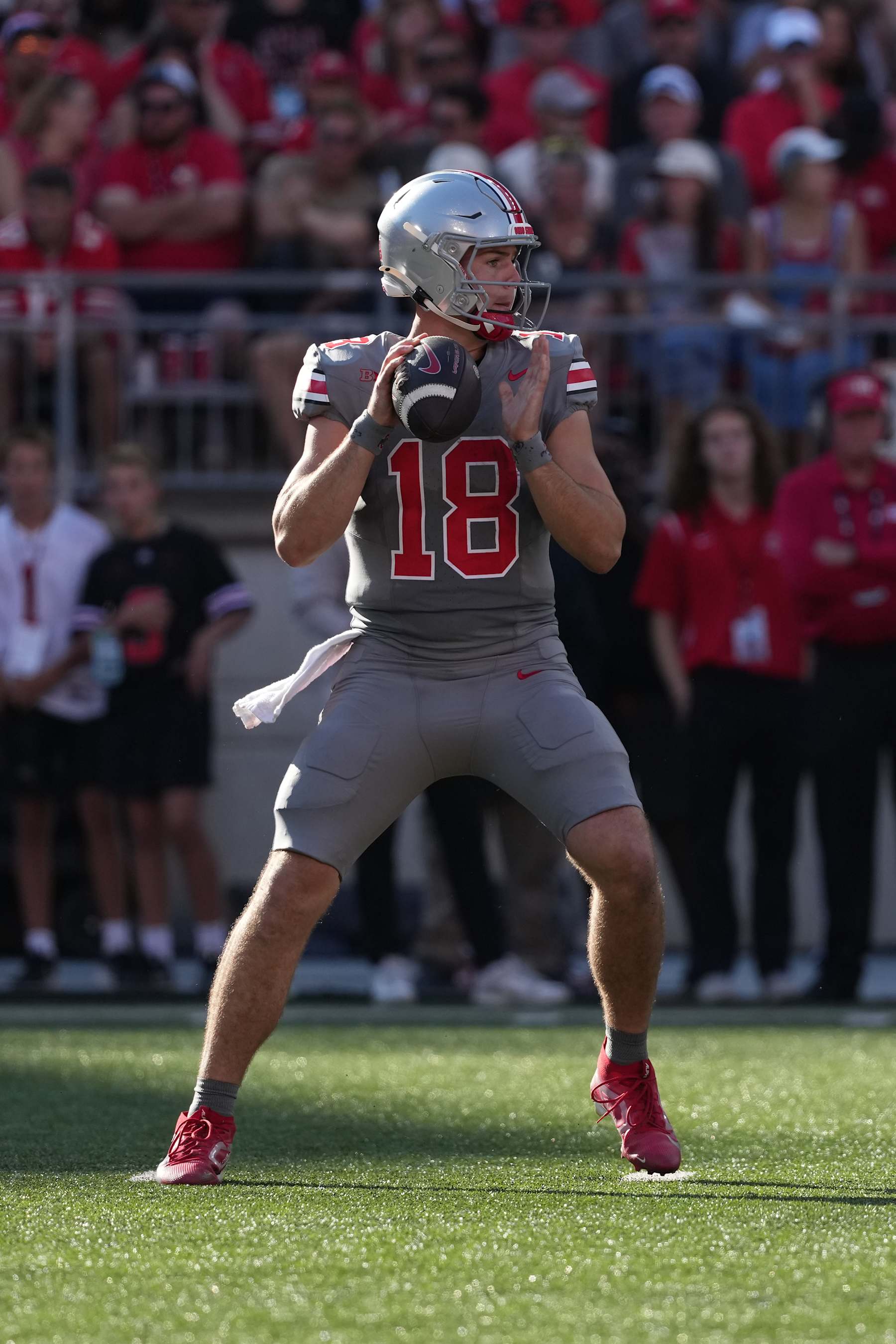 COLUMBUS, OHIO - OCTOBER 05: Quarterback Will Howard #18 of the Ohio State Buckeyes seen in action during the game against the Iowa Hawkeyes at Ohio Stadium on October 05, 2024 in Columbus, Ohio. (Photo by Jason Mowry/Getty Images)