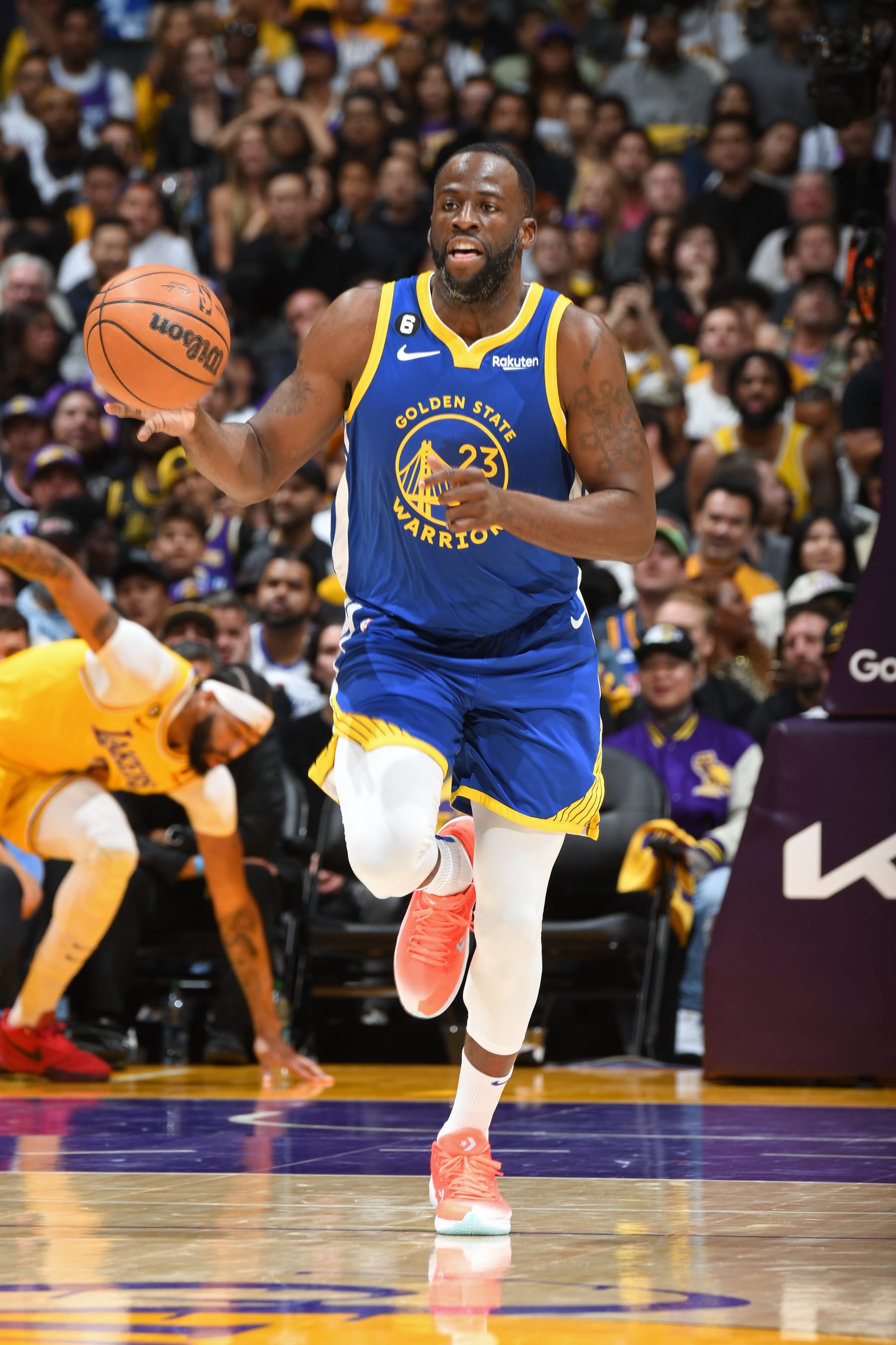 LOS ANGELES, CA - MAY 8: Draymond Green #23 of the Golden State Warriors dribbles the ball during Game 4 of the 2023 NBA Playoffs Western Conference Semi Finals against the Los Angeles Lakers on May 8, 2023 at Crypto.Com Arena in Los Angeles, California. NOTE TO USER: User expressly acknowledges and agrees that, by downloading and/or using this Photograph, user is consenting to the terms and conditions of the Getty Images License Agreement. Mandatory Copyright Notice: Copyright 2023 NBAE (Photo by Andrew D. Bernstein/NBAE via Getty Images)