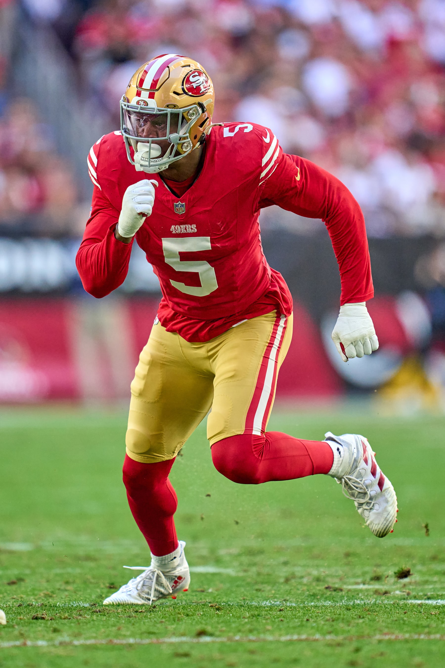 GLENDALE, ARIZONA - DECEMBER 17: Randy Gregory #5 of the San Francisco 49ers runs in action during a game between the San Francisco 49ers and the Arizona Cardinals at State Farm Stadium on December 17, 2023 in Glendale, Arizona. (Photo by Robin Alam/ISI Photos/Getty Images)