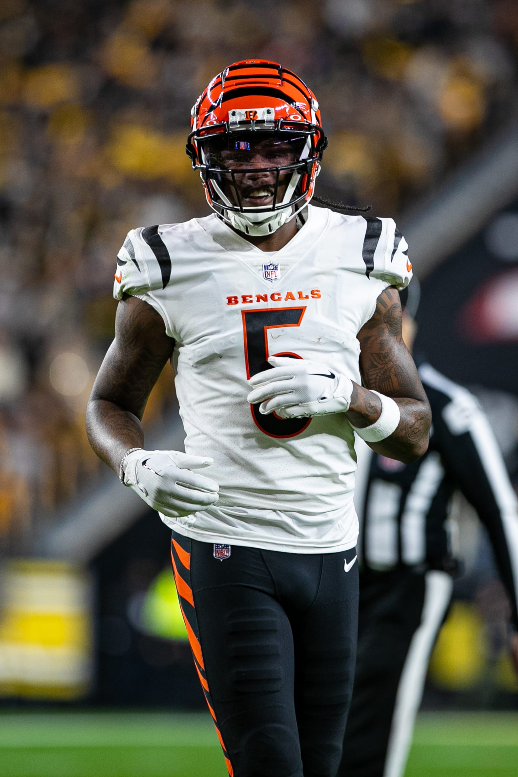 PITTSBURGH, PA - DECEMBER 23: Cincinnati Bengals wide receiver Tee Higgins (5) looks on during the regular season NFL football game between the Cincinnati Bengals and Pittsburgh Steelers on December 23, 2023 at Acrisure Stadium in Pittsburgh, PA. (Photo by Mark Alberti/Icon Sportswire via Getty Images)