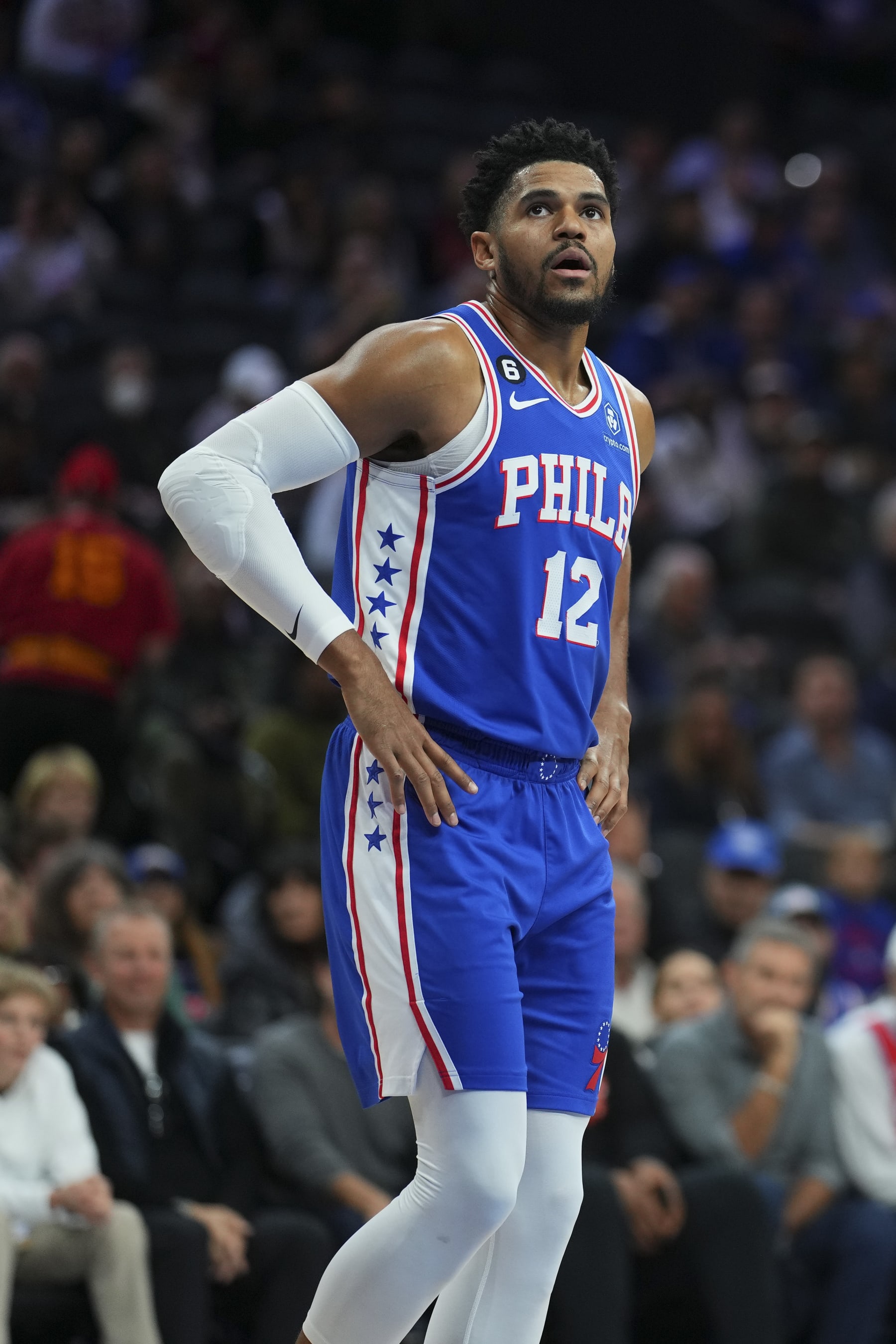 PHILADELPHIA, PA - NOVEMBER 28: Tobias Harris #12 of the Philadelphia 76ers looks on against the Atlanta Hawks at the Wells Fargo Center on November 28, 2022 in Philadelphia, Pennsylvania. NOTE TO USER: User expressly acknowledges and agrees that, by downloading and or using this photograph, User is consenting to the terms and conditions of the Getty Images License Agreement. (Photo by Mitchell Leff/Getty Images)