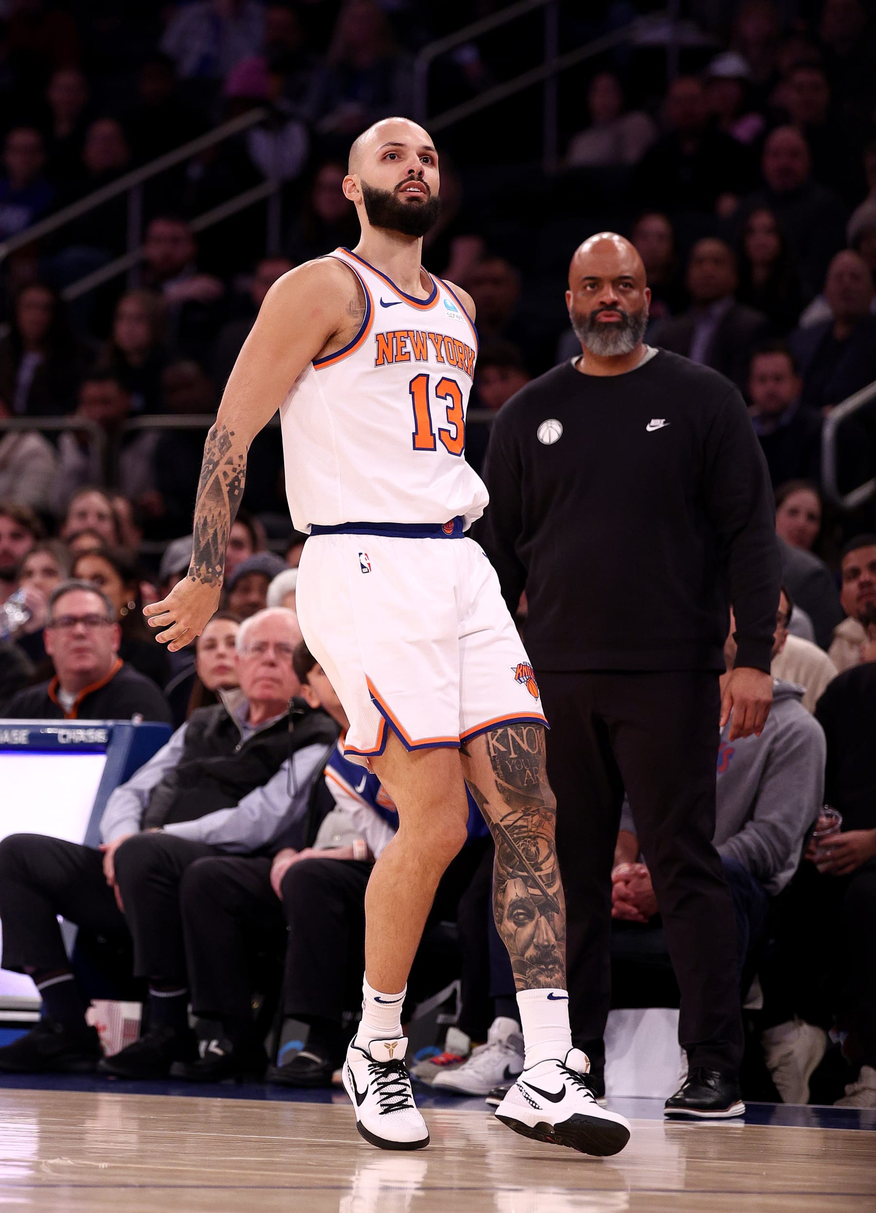 NEW YORK, NEW YORK - JANUARY 18: Evan Fournier #13 of the New York Knicks watches his shot in the first half against the Washington Wizards at Madison Square Garden on January 18, 2024 in New York City. NOTE TO USER: User expressly acknowledges and agrees that, by downloading and or using this photograph, User is consenting to the terms and conditions of the Getty Images License Agreement (Photo by Elsa/Getty Images)