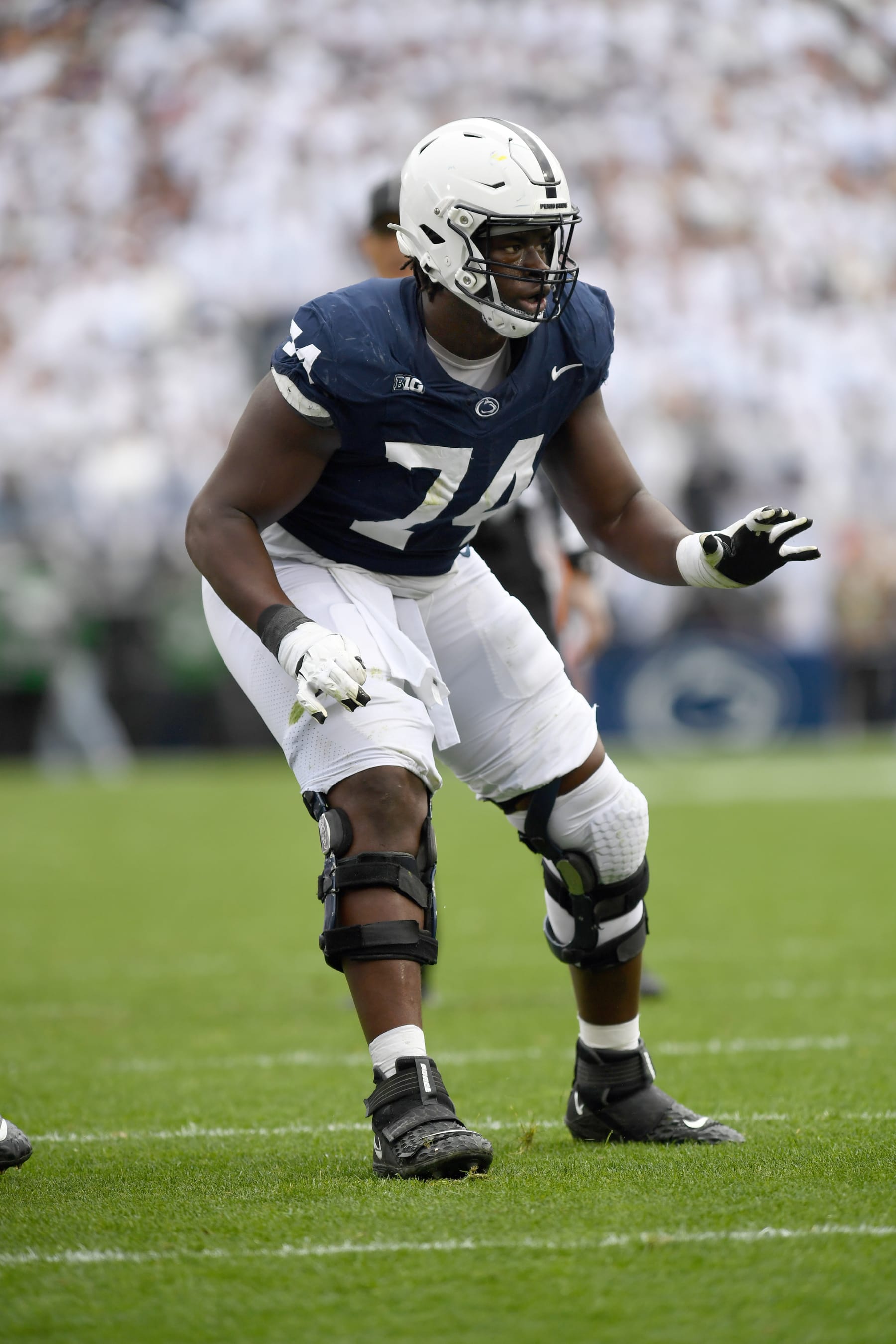 UNIVERSITY PARK, PA - NOVEMBER 11: Penn State tackle Olumuyiwa Olu Fashanu (74) pass blocks during the Michigan Wolverines versus Penn State Nittany Lions game on November 11, 2023 at Beaver Stadium in University Park, PA. (Photo by Randy Litzinger/Icon Sportswire via Getty Images)
