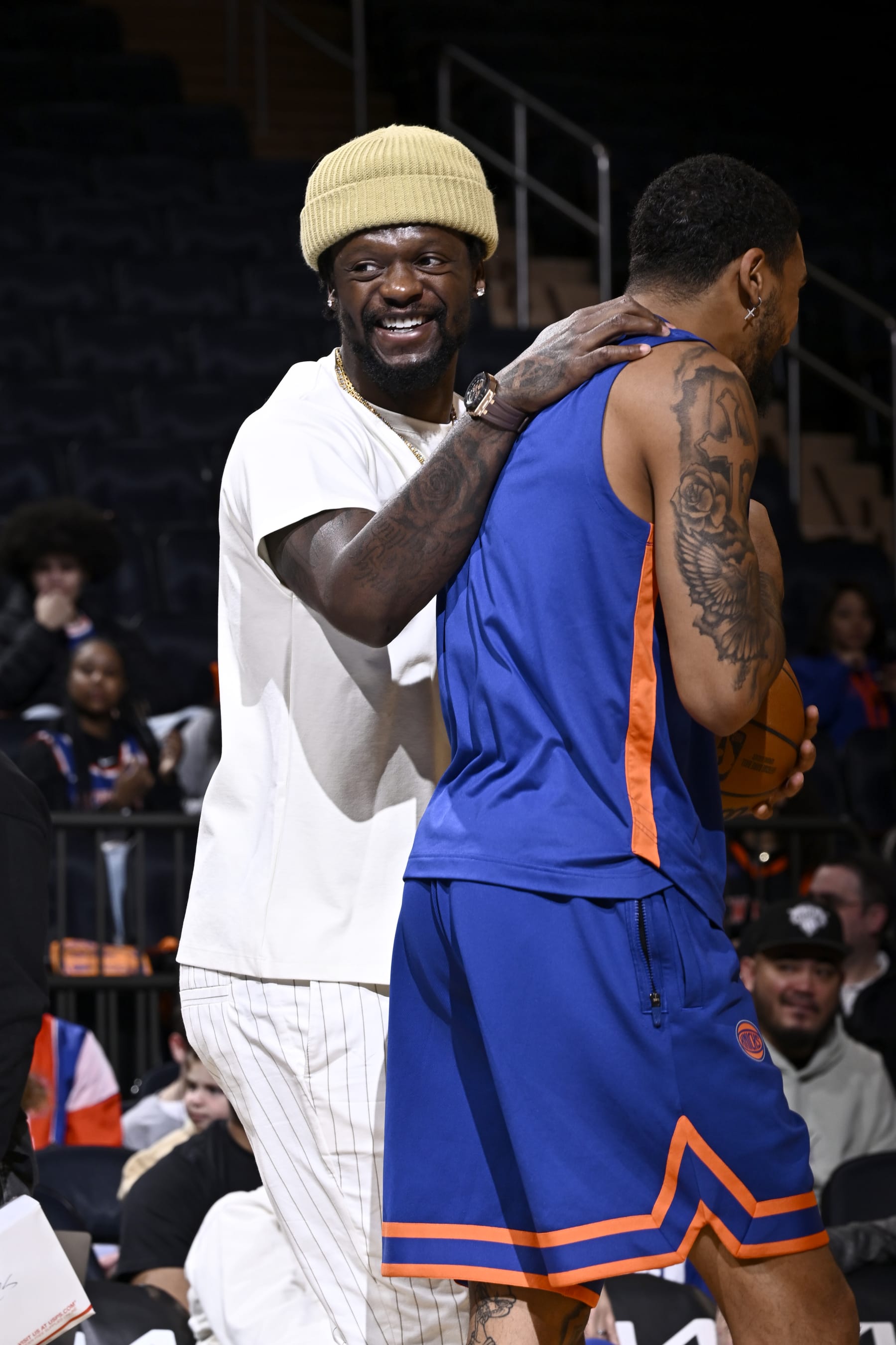 NEW YORK, NY - APRIL 9: Julius Randle #30 of the New York Knicks talks with Obi Toppin #1 of the New York Knicks before the game against the Indiana Pacers on April 9, 2023 at Madison Square Garden in New York City, New York. NOTE TO USER: User expressly acknowledges and agrees that, by downloading and or using this photograph, User is consenting to the terms and conditions of the Getty Images License Agreement. Mandatory Copyright Notice: Copyright 2023 NBAE  (Photo by David Dow/NBAE via Getty Images)