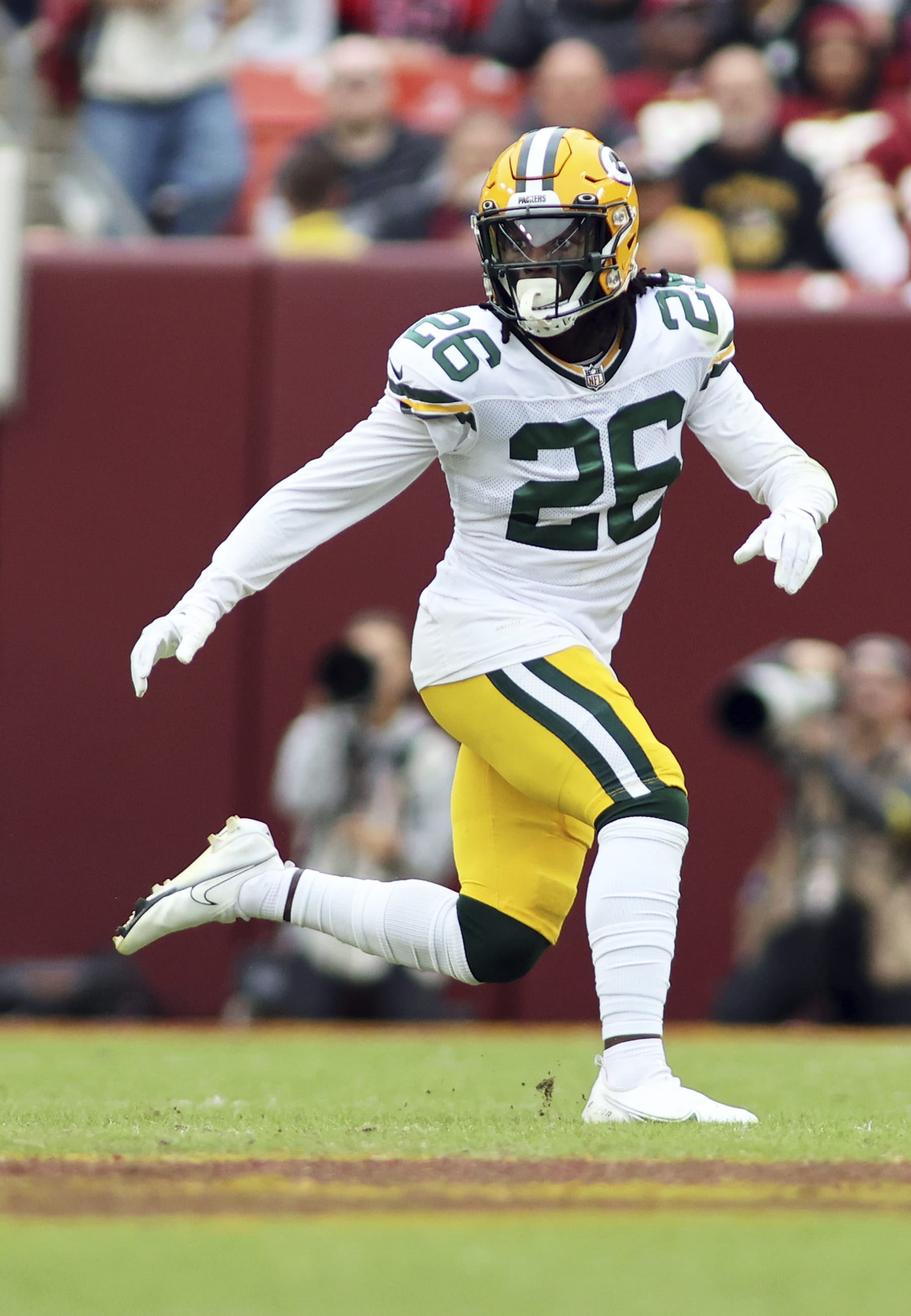 Green Bay Packers safety Darnell Savage (26) runs during an NFL football game against the Washington Commanders, Sunday, October 23, 2022 in Landover. (AP Photo/Daniel Kucin Jr.)