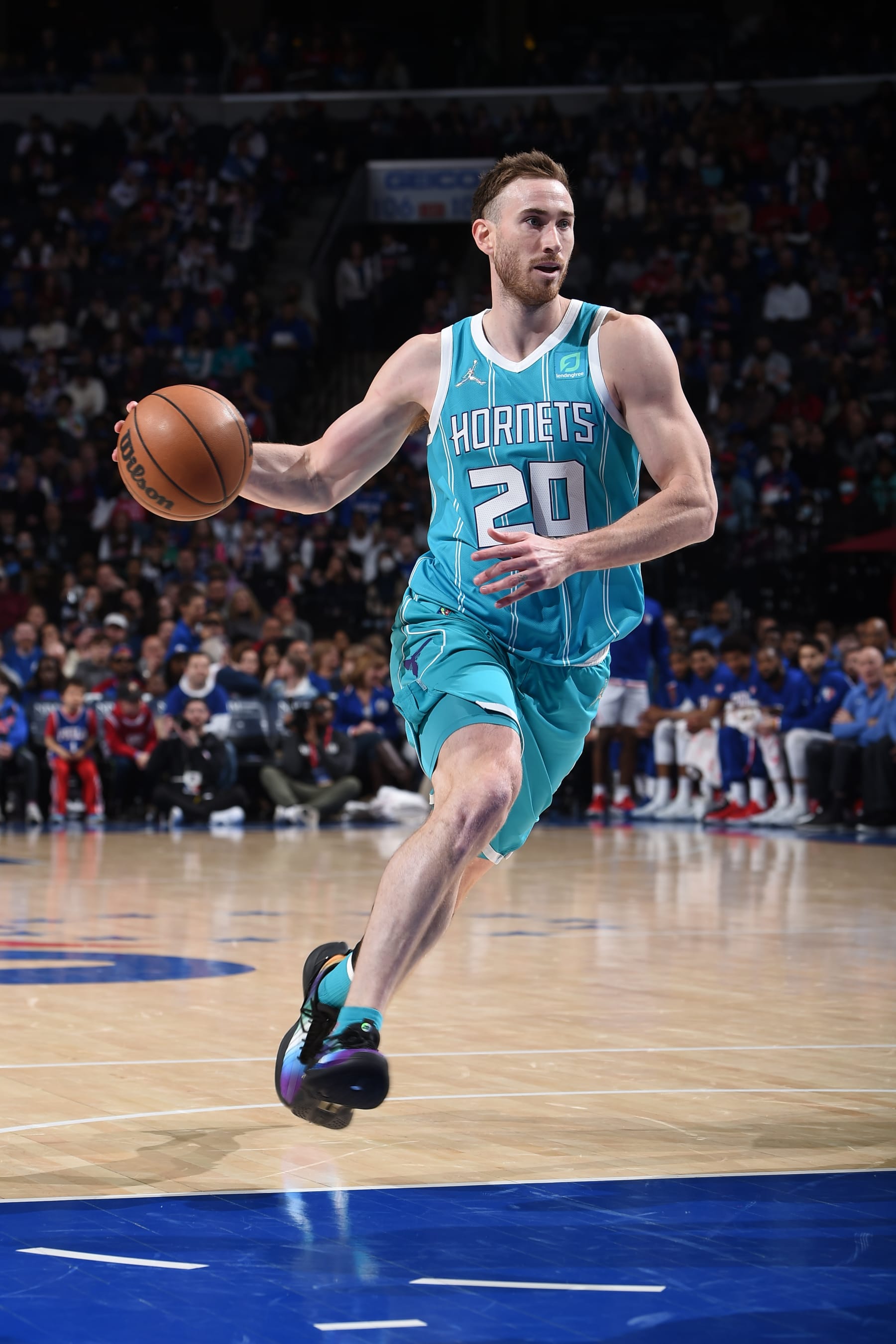 PHILADELPHIA, PA - APRIL 2: Gordon Hayward #20 of the Charlotte Hornets dribbles the ball during the game against the Philadelphia 76ers on April 2, 2022 at the Wells Fargo Center in Philadelphia, Pennsylvania NOTE TO USER: User expressly acknowledges and agrees that, by downloading and/or using this Photograph, user is consenting to the terms and conditions of the Getty Images License Agreement. Mandatory Copyright Notice: Copyright 2022 NBAE (Photo by David Dow/NBAE via Getty Images)