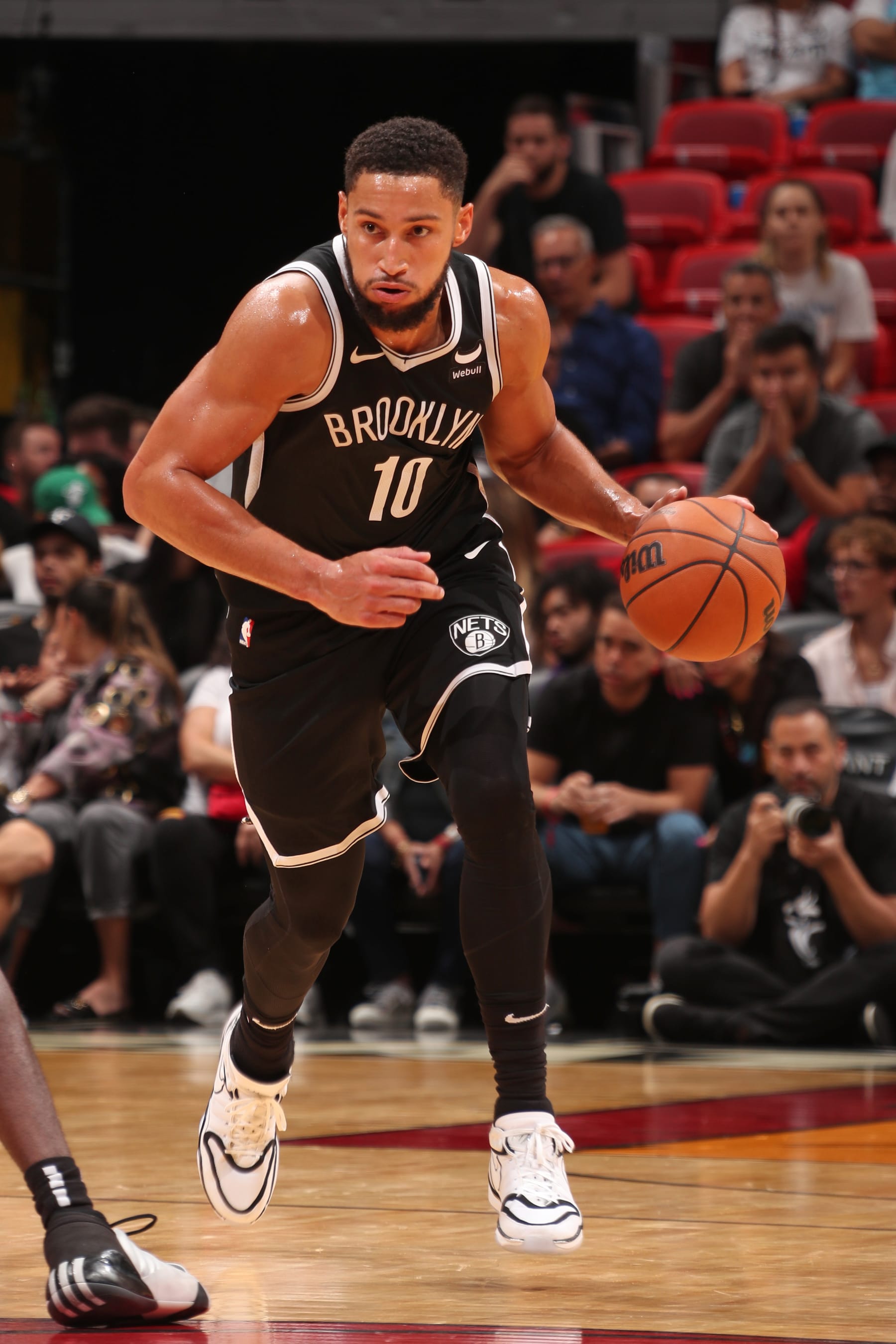 MIAMI, FL - OCTOBER 18:  Ben Simmons #10 of the Brooklyn Nets dribbles the ball during a game against the Miami Heat on October 18, 2023 at Kaseya Center in Miami, Florida. NOTE TO USER: User expressly acknowledges and agrees that, by downloading and or using this Photograph, user is consenting to the terms and conditions of the Getty Images License Agreement. Mandatory Copyright Notice: Copyright 2023 NBAE (Photo by Issac Baldizon/NBAE via Getty Images)