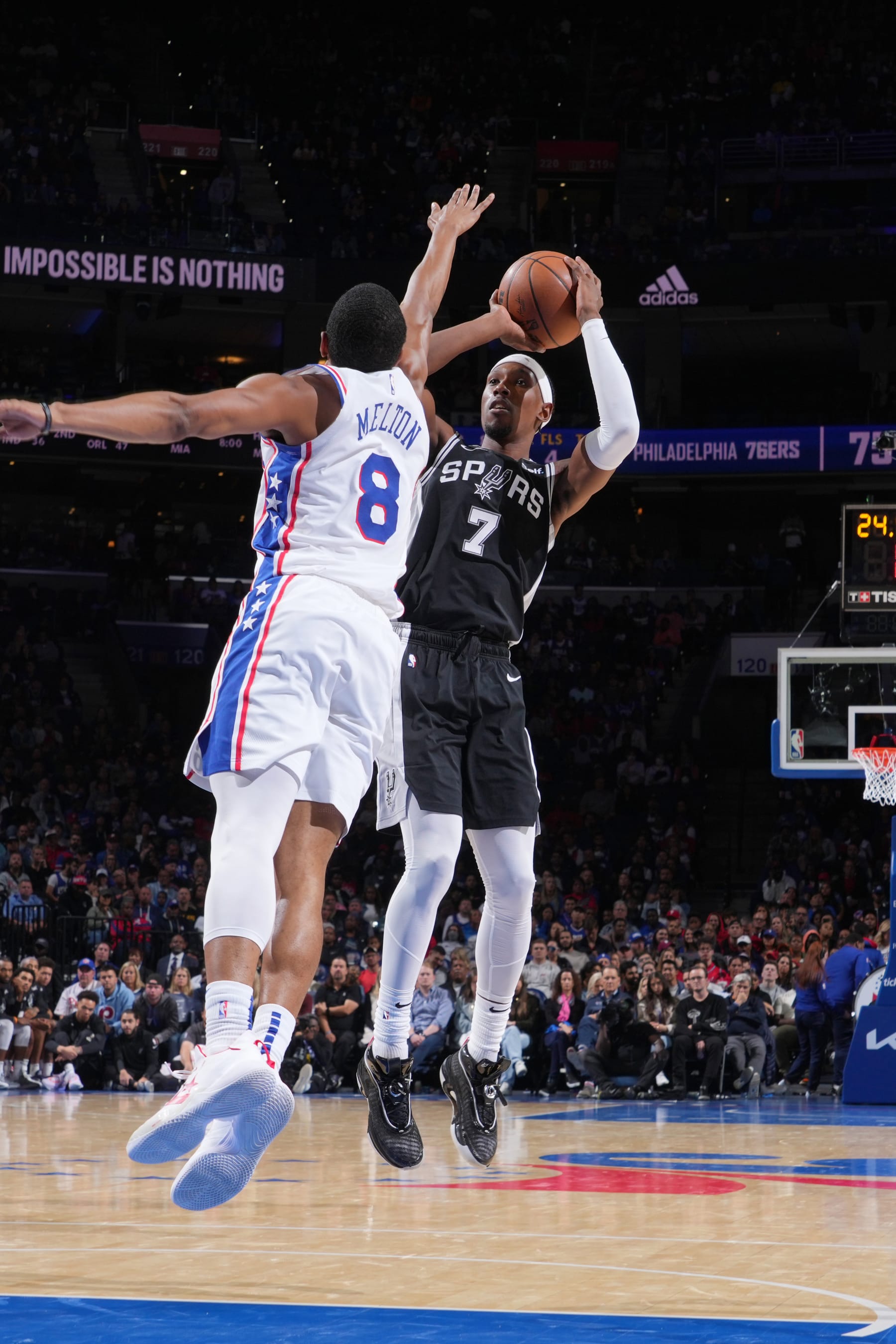 PHILADELPHIA, PA - OCTOBER 22: Josh Richardson #7 of the San Antonio Spurs shoots the ball during the game against the Philadelphia 76ers on October 22, 2022 at the Wells Fargo Center in Philadelphia, Pennsylvania NOTE TO USER: User expressly acknowledges and agrees that, by downloading and/or using this Photograph, user is consenting to the terms and conditions of the Getty Images License Agreement. Mandatory Copyright Notice: Copyright 2022 NBAE (Photo by Jesse D. Garrabrant/NBAE via Getty Images)