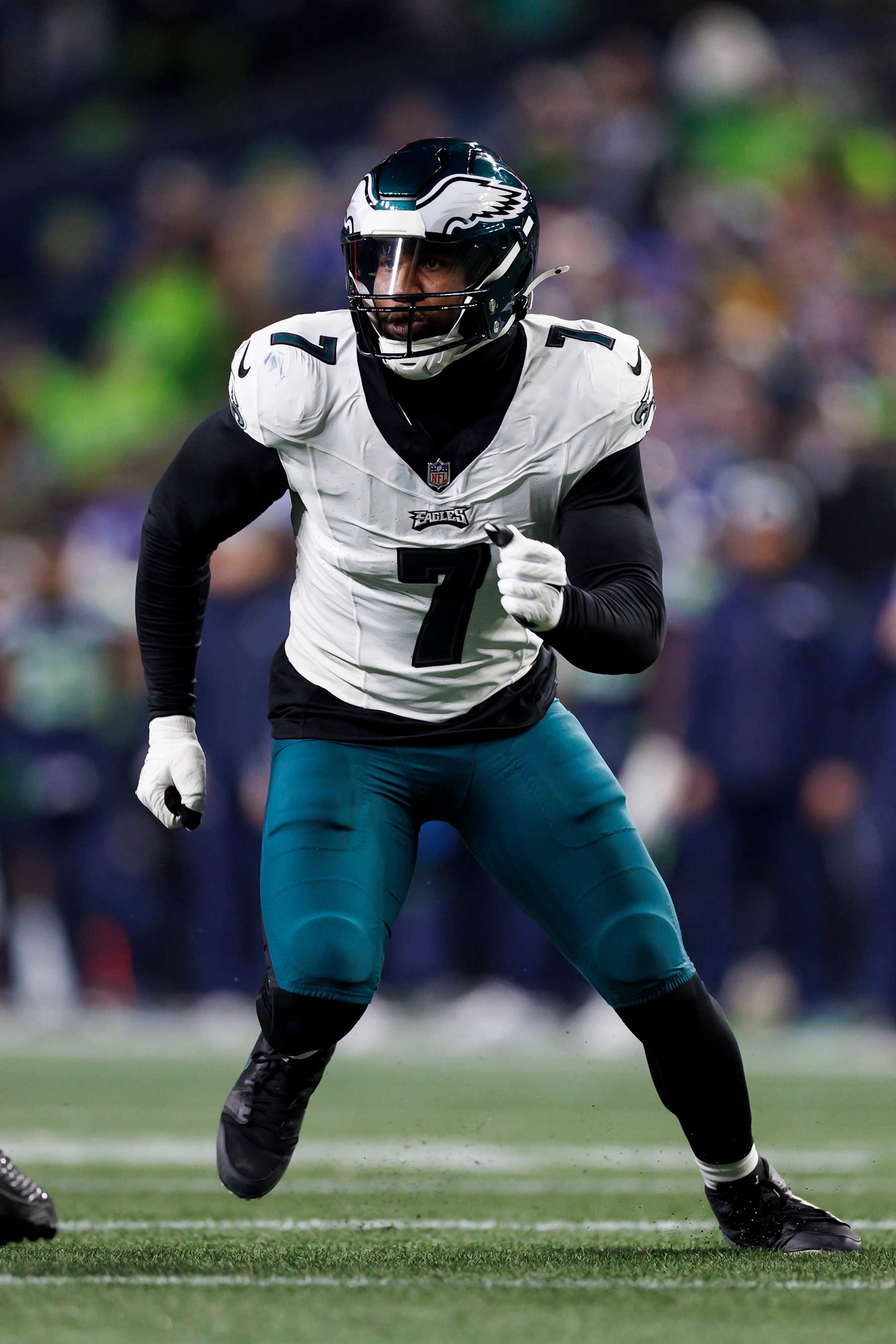 SEATTLE, WASHINGTON - DECEMBER 18: Haason Reddick #7 of the Philadelphia Eagles runs around the edge against the Seattle Seahawks at Lumen Field on December 18, 2023 in Seattle, Washington. (Photo by Ryan Kang/Getty Images)
