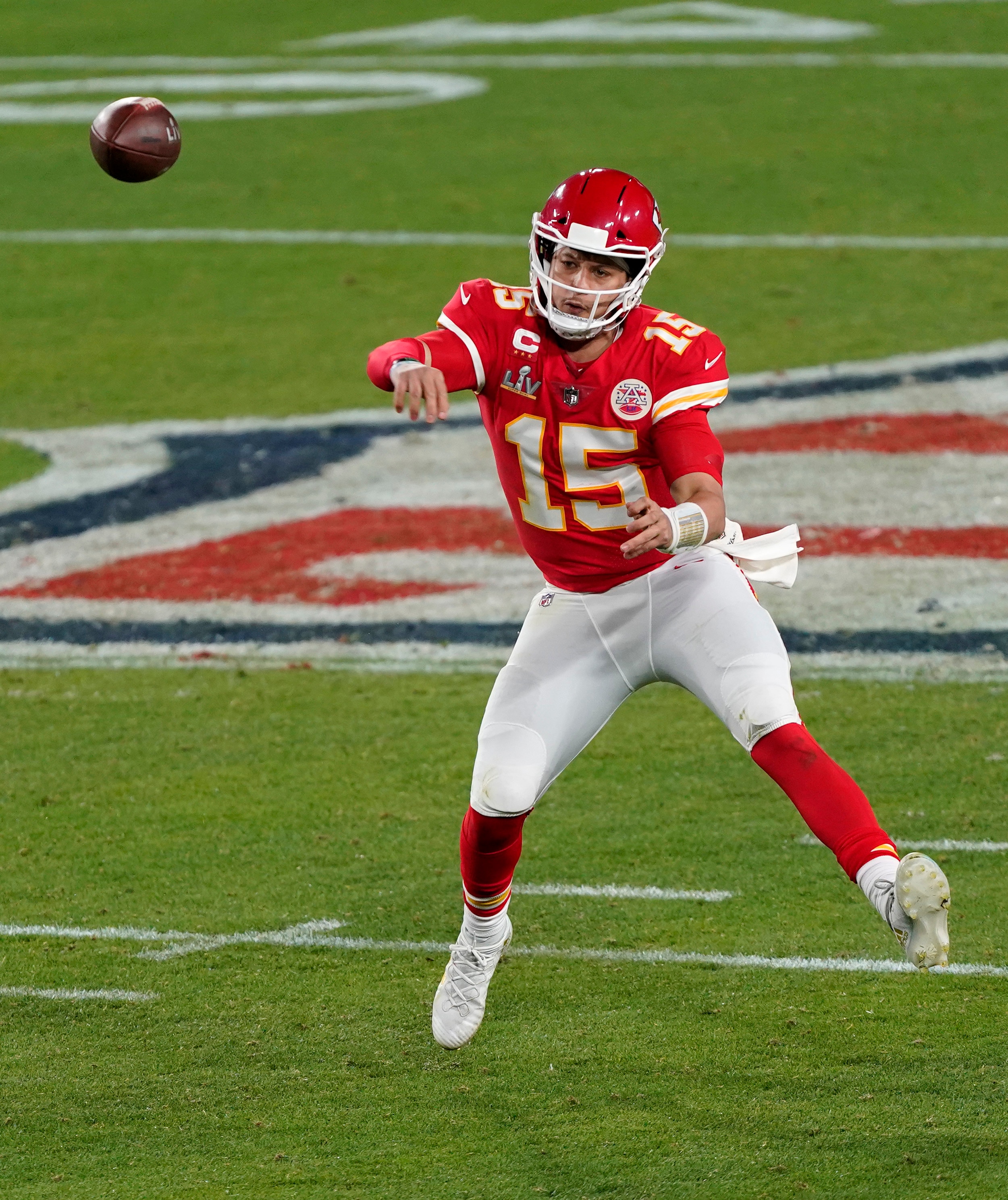 Kansas City Chiefs quarterback Patrick Mahomes (15) during the second half of the NFL Super Bowl 55 football game against the Tampa Bay Buccaneers Sunday, Feb. 7, 2021, in Tampa, Fla. (AP Photo/Jason Behnken)