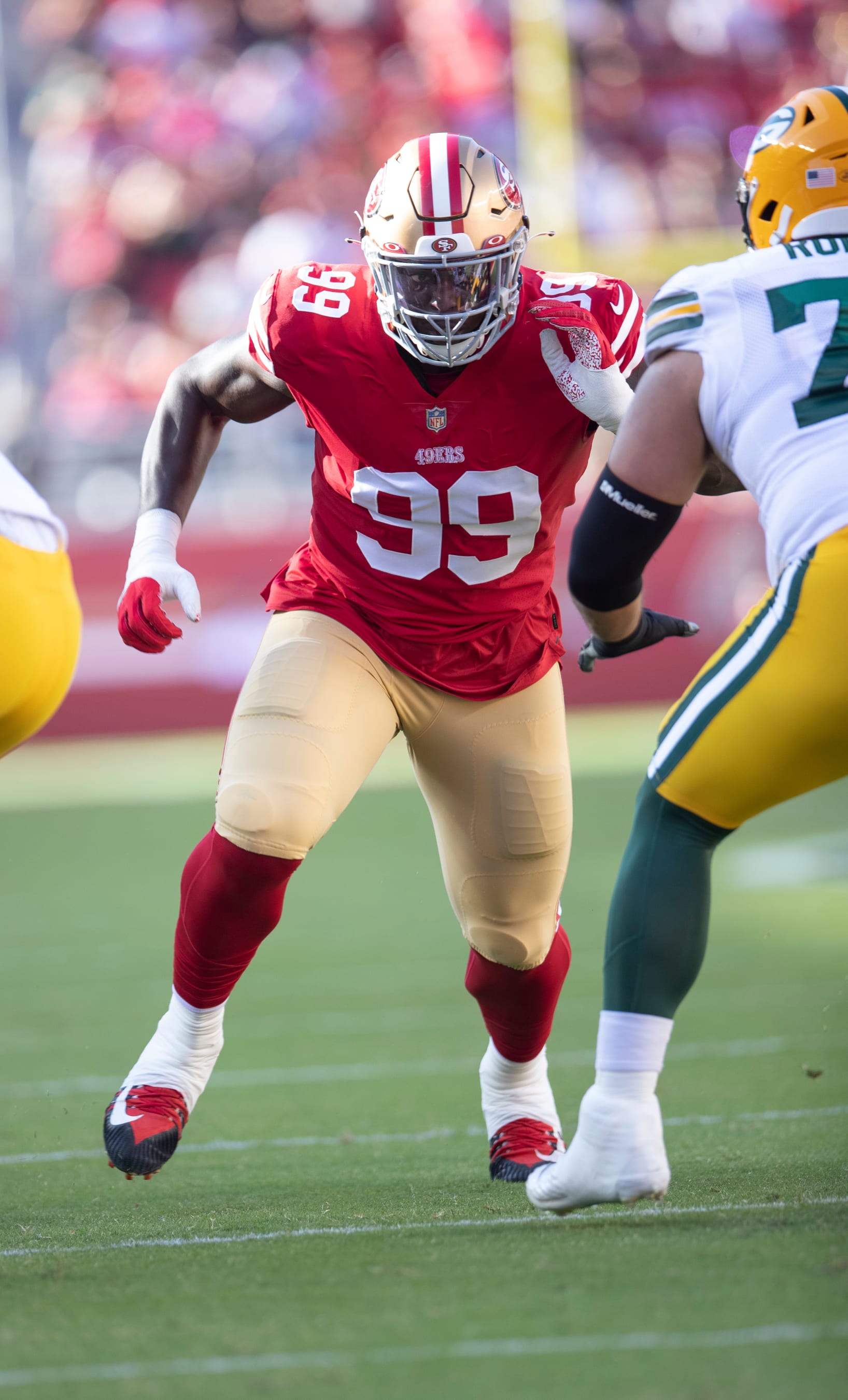 SANTA CLARA, CA - AUGUST 12: Javon Kinlaw #99 of the San Francisco 49ers rushes the quarterback during the game against the Green Bay Packers at Levi's Stadium on August 12, 2022 in Santa Clara, California. The 49ers defeated the Packers 28-21. (Photo by Michael Zagaris/San Francisco 49ers/Getty Images)