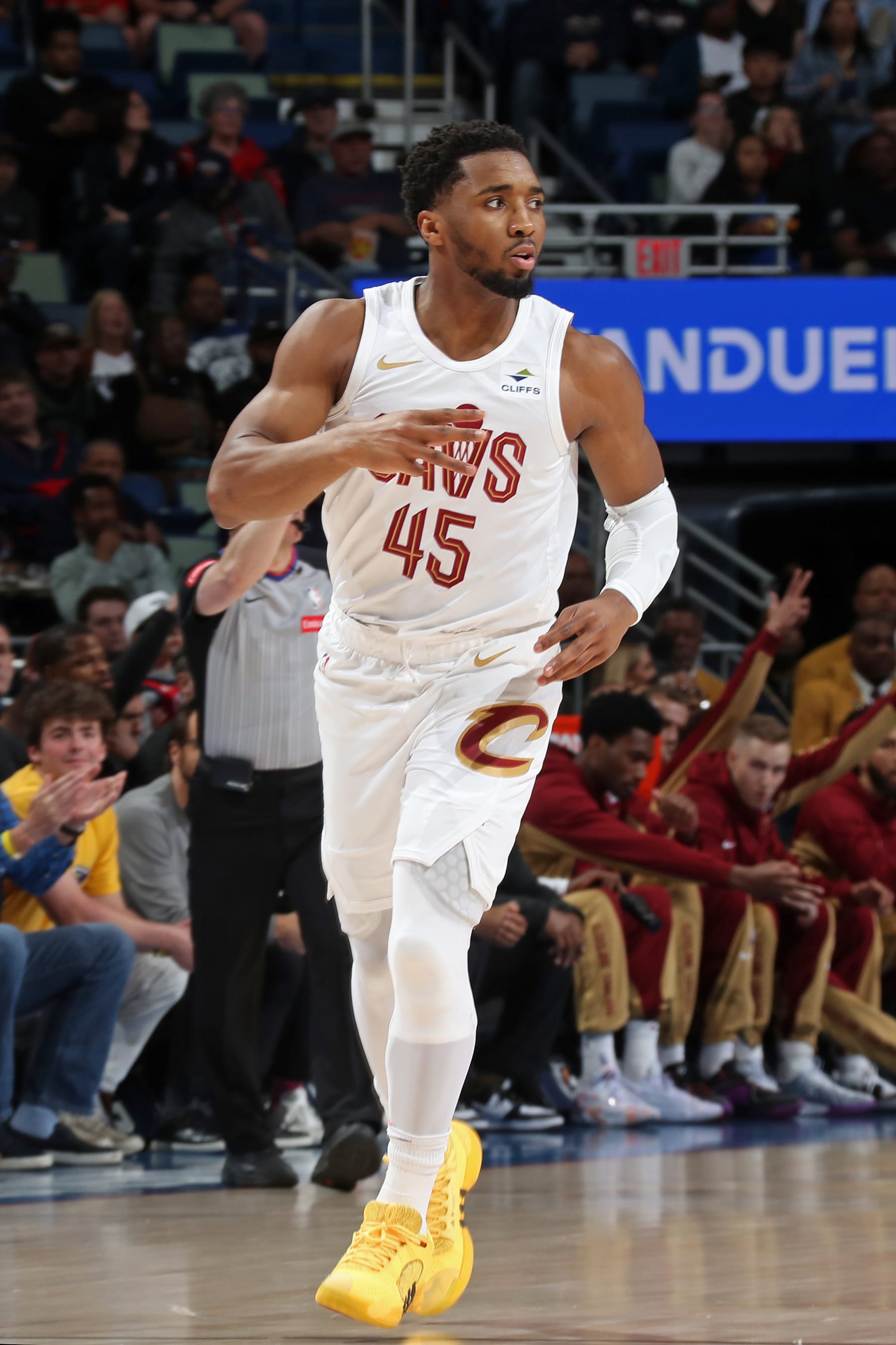 NEW ORLEANS, LA - MARCH 13: Donovan Mitchell #45 of the Cleveland Cavaliers celebrates three point basket during the game against the New Orleans Pelicans on March 13, 2024 at the Smoothie King Center in New Orleans, Louisiana. NOTE TO USER: User expressly acknowledges and agrees that, by downloading and or using this Photograph, user is consenting to the terms and conditions of the Getty Images License Agreement. Mandatory Copyright Notice: Copyright 2024 NBAE (Photo by Layne Murdoch Jr./NBAE via Getty Images)