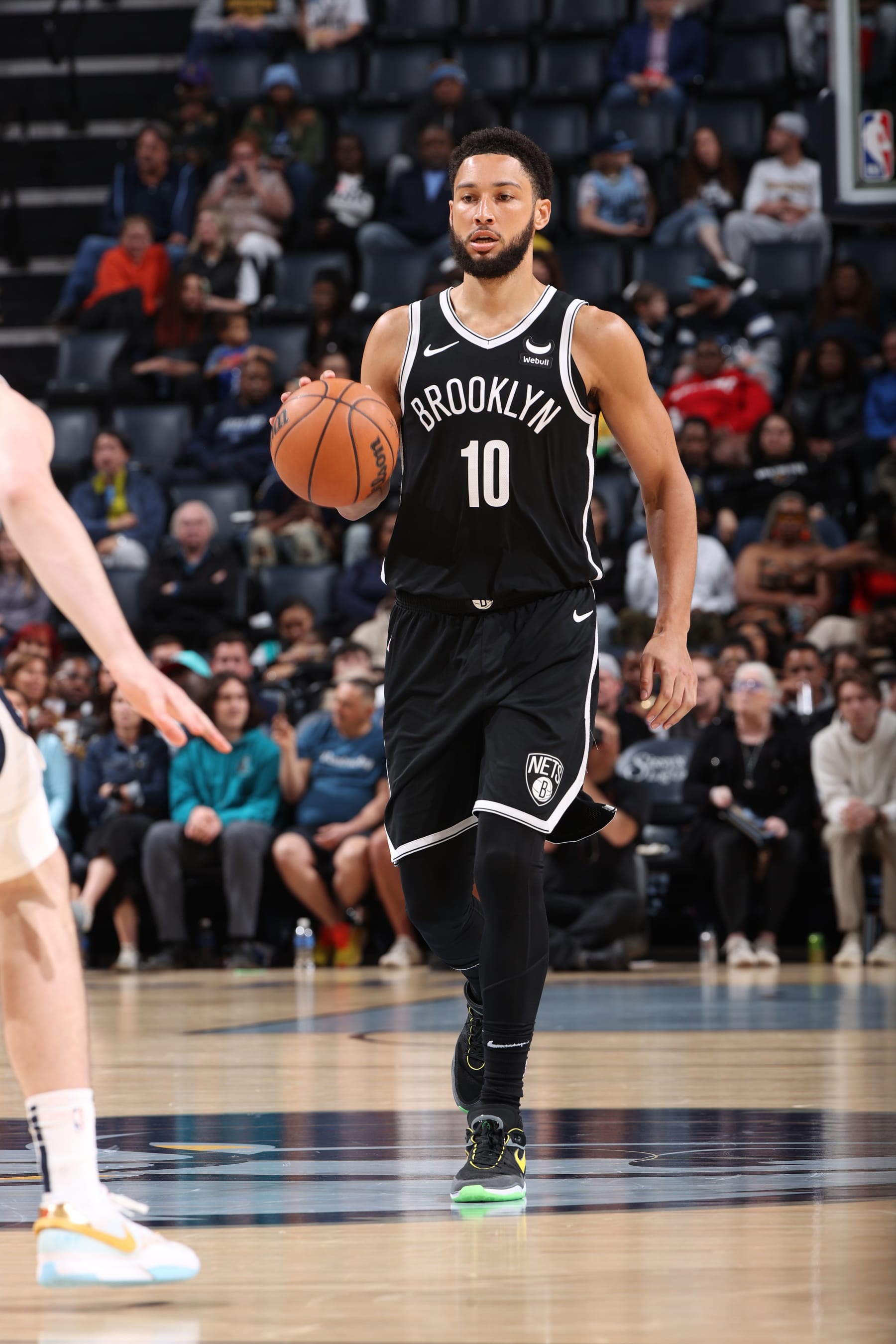 MEMPHIS, TN - February 26:  Ben Simmons #10 of the Brooklyn Nets handles the ball during the game against the Memphis Grizzlies on February 26, 2024 at FedExForum in Memphis, Tennessee. NOTE TO USER: User expressly acknowledges and agrees that, by downloading and or using this photograph, User is consenting to the terms and conditions of the Getty Images License Agreement. Mandatory Copyright Notice: Copyright 2024 NBAE (Photo by Joe Murphy/NBAE via Getty Images)