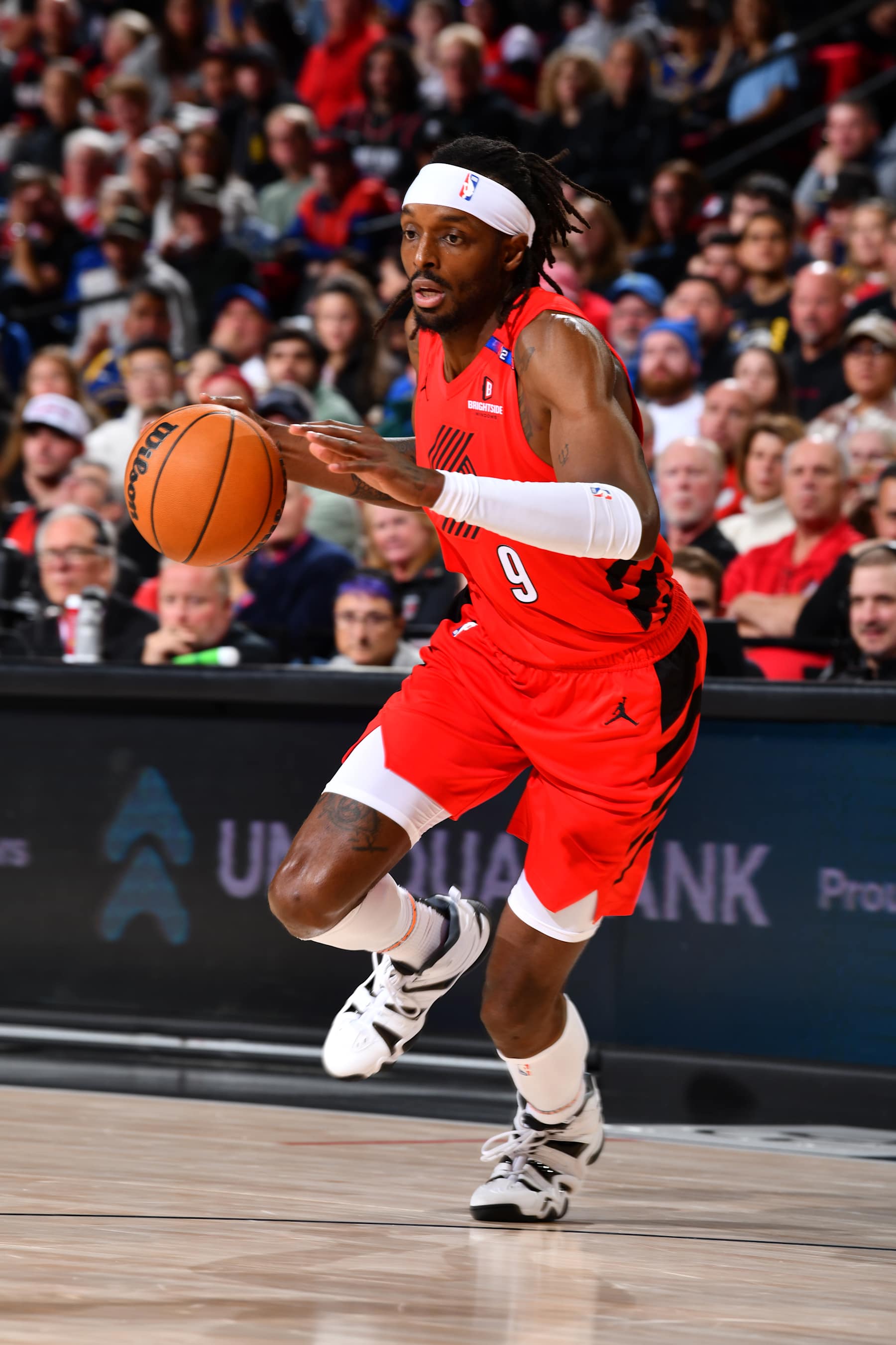 PORTLAND, OR - OCTOBER 23: Jerami Grant #9 of the Portland Trail Blazers handles the ball during the game against the Golden State Warriors on October 23, 2024 at the Moda Center Arena in Portland, Oregon. NOTE TO USER: User expressly acknowledges and agrees that, by downloading and or using this photograph, user is consenting to the terms and conditions of the Getty Images License Agreement. Mandatory Copyright Notice: Copyright 2024 NBAE (Photo by Barry Gossage/NBAE via Getty Images)